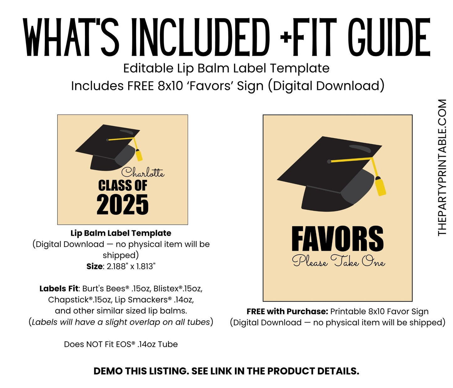 Class of 2025 Graduation Party Lip Balm Label TEMPLATE | Editable School Colors | Printable Grad Cap Favor for High School or College 4041