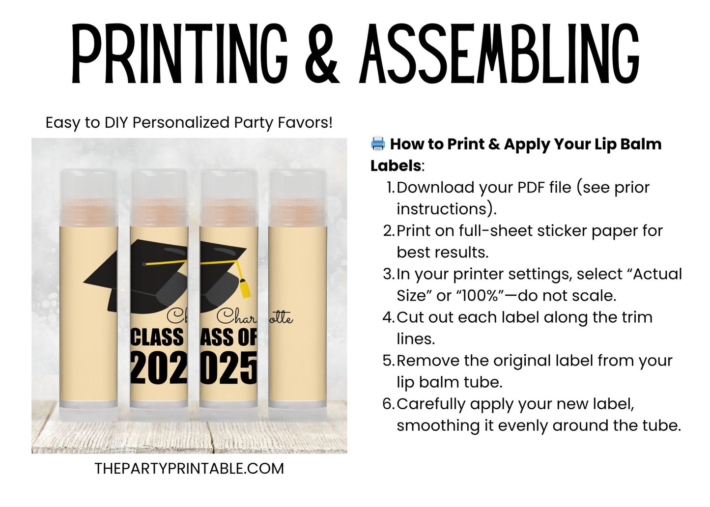 Class of 2025 Graduation Party Lip Balm Label TEMPLATE | Editable School Colors | Printable Grad Cap Favor for High School or College 4041