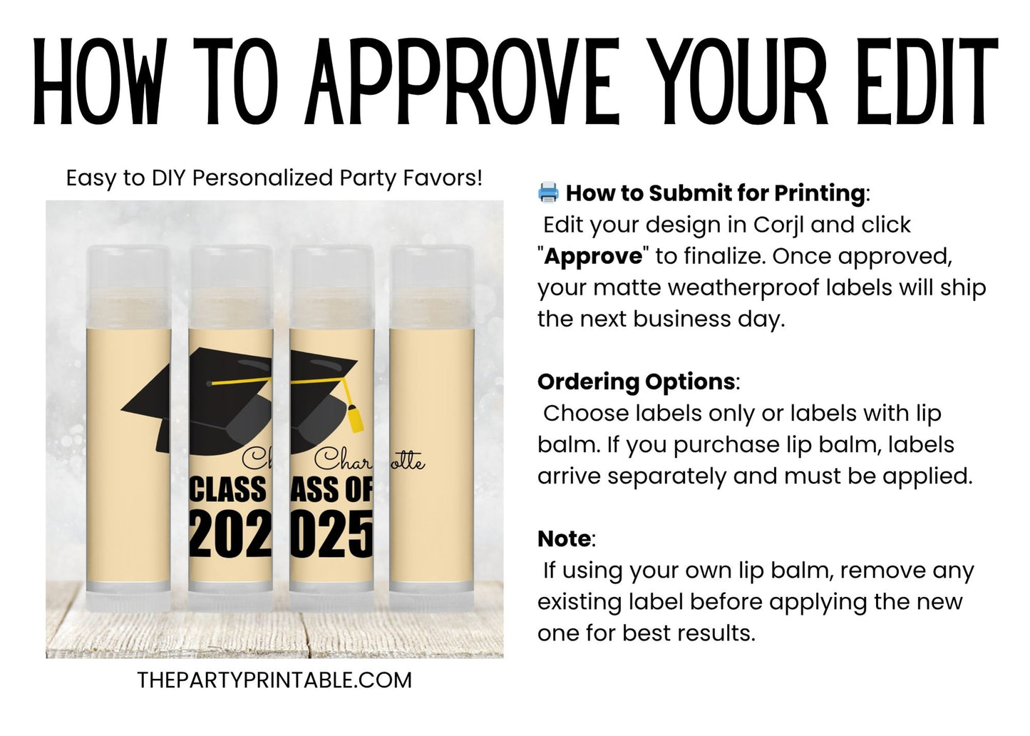 Class of 2025 Graduation Party Lip Balm Favors | PRINTED Labels or Lip Balm | School Colors Cap Design for College or High School Grad 4041
