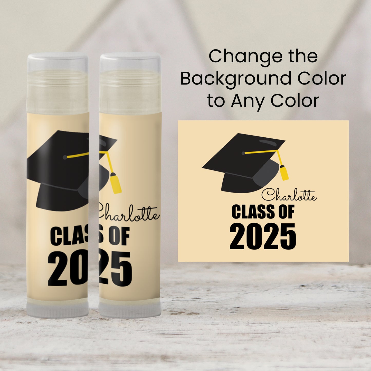 Class of 2025 Graduation Party Lip Balm Favors | PRINTED Labels or Lip Balm | School Colors Cap Design for College or High School Grad 4041