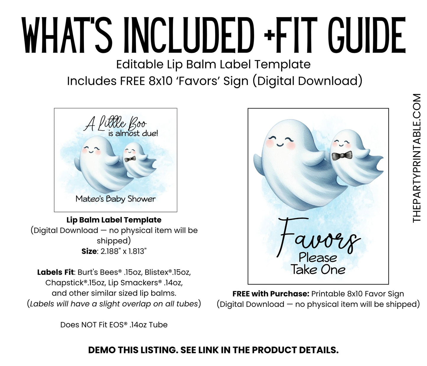 Little Boo Baby Shower Favor Lip Balm Label TEMPLATE | Editable Blue Ghost Theme | Printable Boy Halloween Fall Baby Shower Sticker 4071