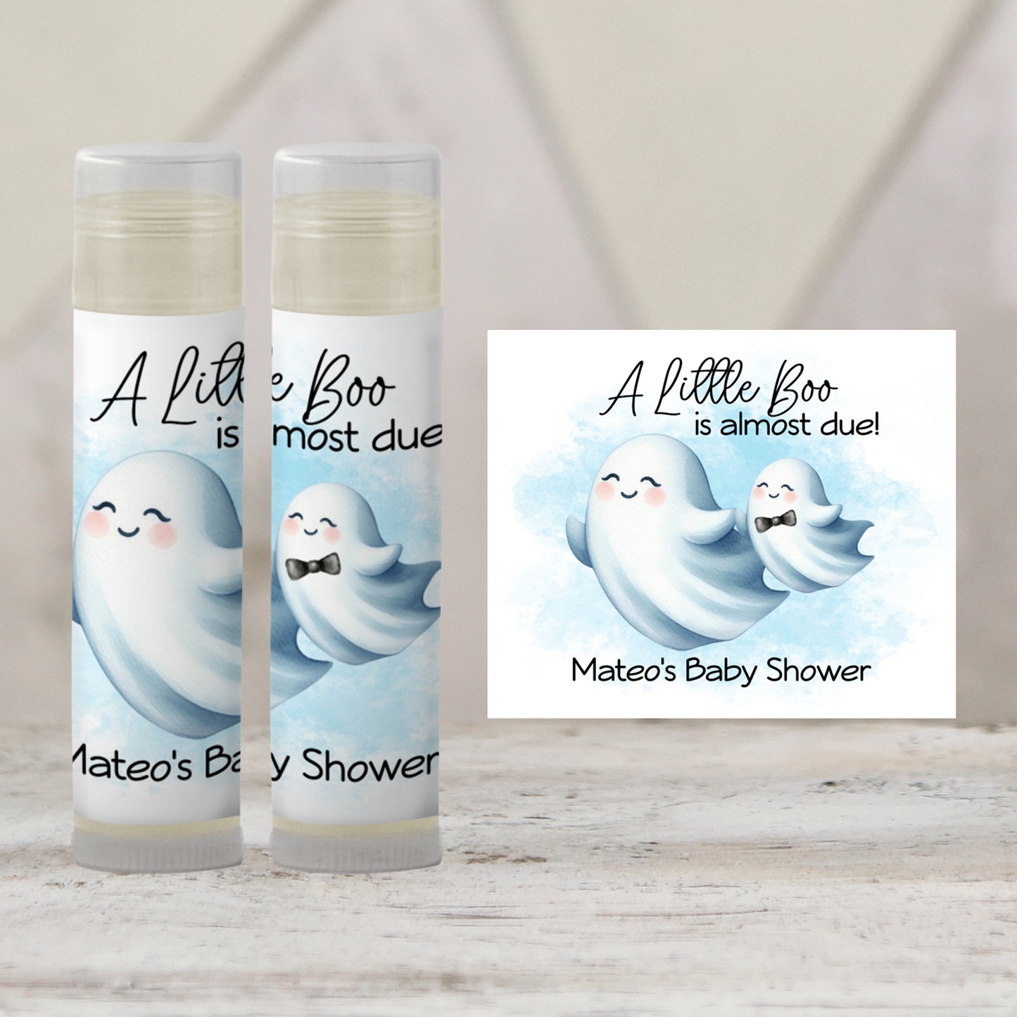 Little Boo Baby Shower Favors PRINTED Lip Balm Labels or Lip Balm Favors | Blue Ghost Boy Theme | Fall Halloween Baby Shower Gift 4071