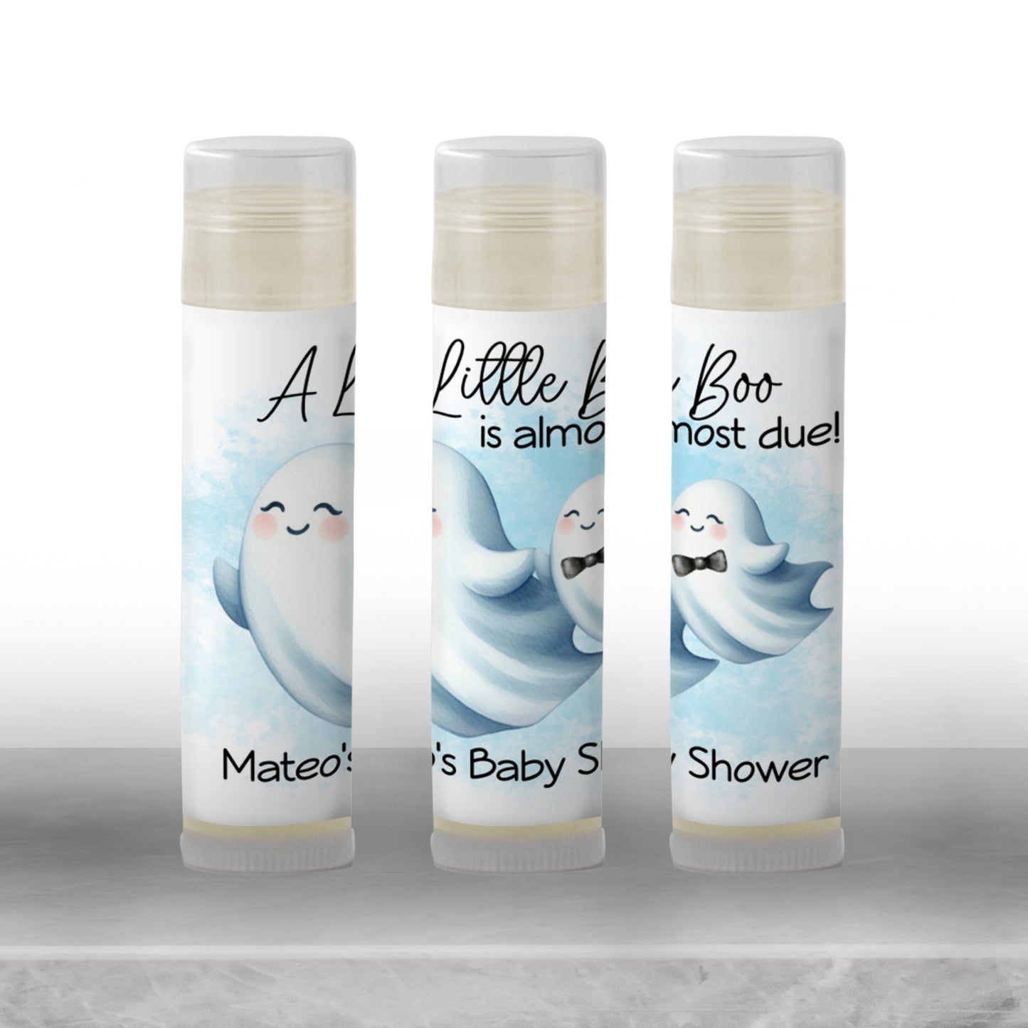 Little Boo Baby Shower Favors PRINTED Lip Balm Labels or Lip Balm Favors | Blue Ghost Boy Theme | Fall Halloween Baby Shower Gift 4071