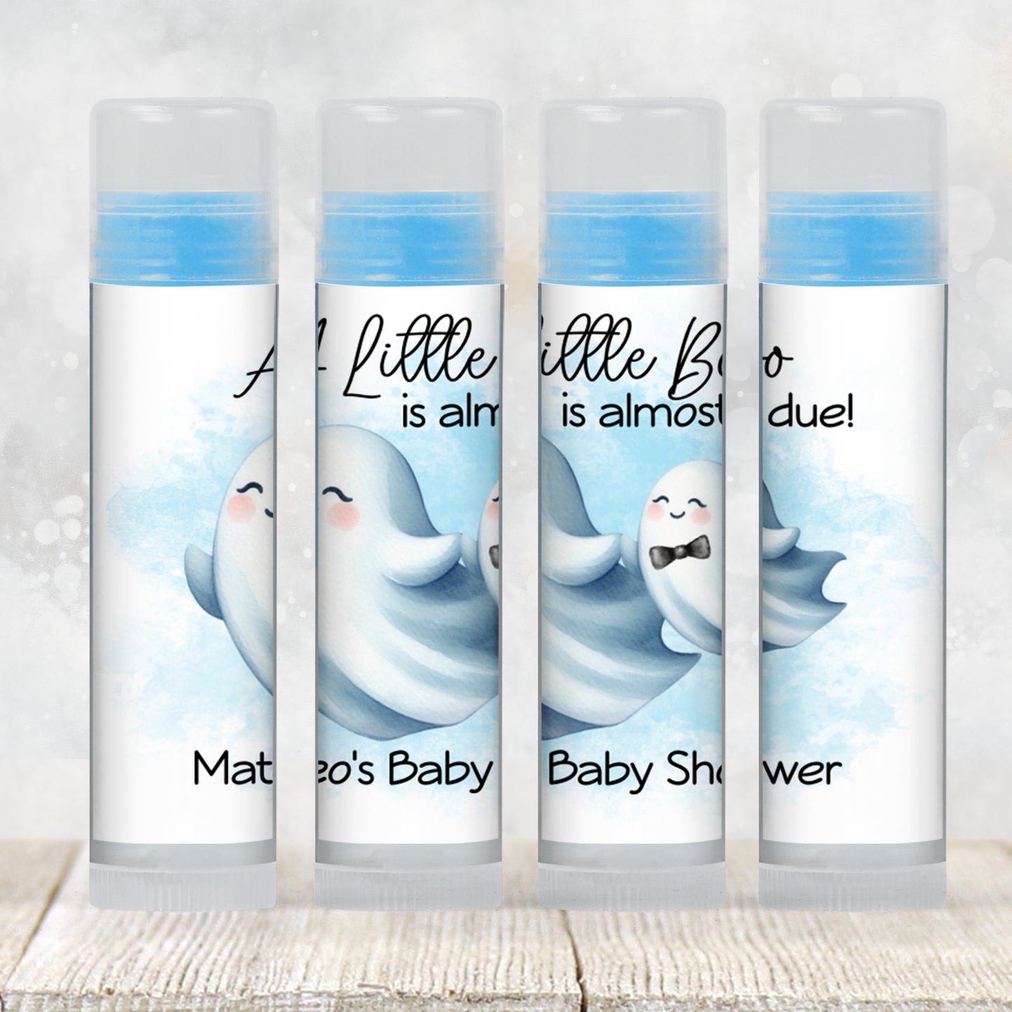Little Boo Baby Shower Favor Lip Balm Label TEMPLATE | Editable Blue Ghost Theme | Printable Boy Halloween Fall Baby Shower Sticker 4071