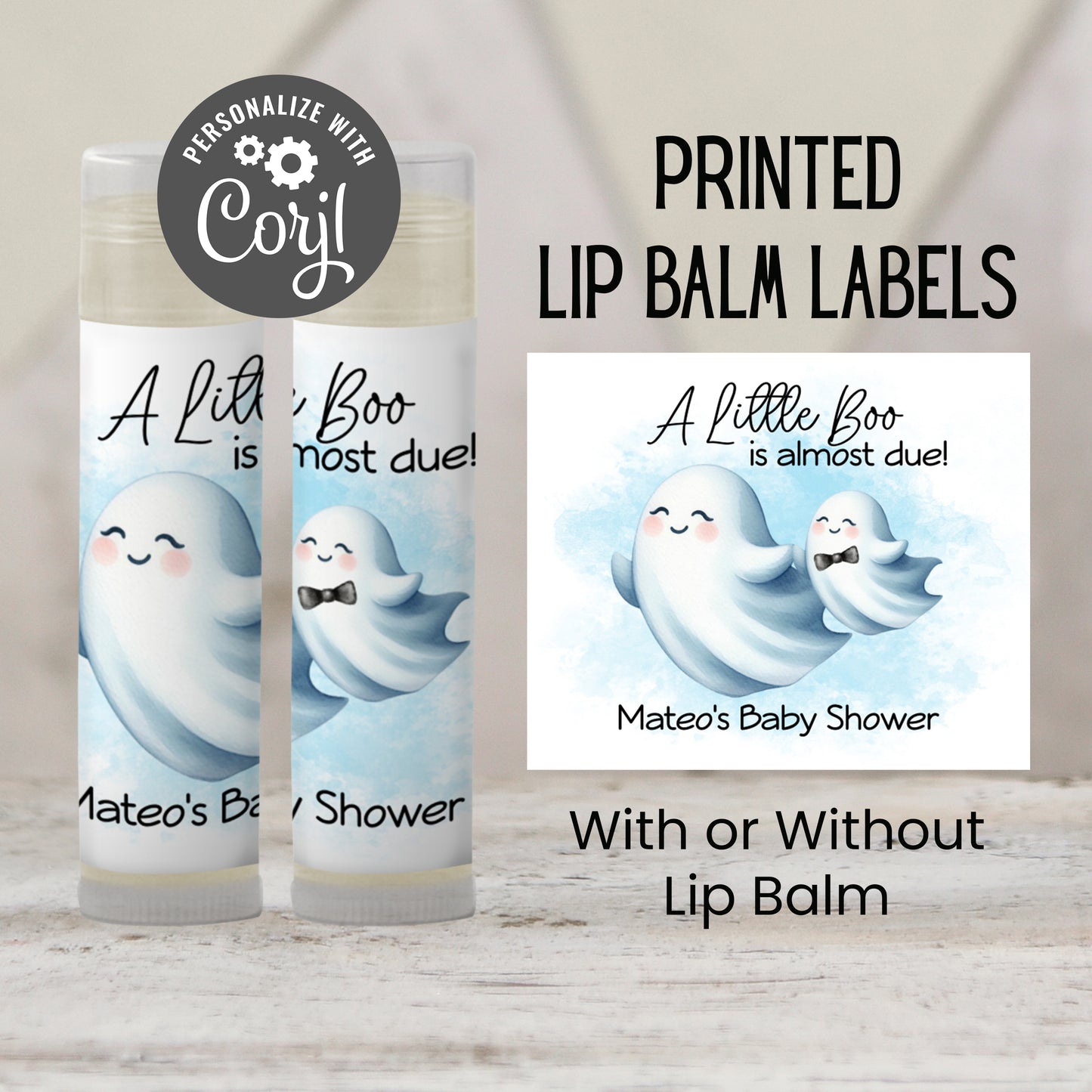 Little Boo Baby Shower Favors PRINTED Lip Balm Labels or Lip Balm Favors | Blue Ghost Boy Theme | Fall Halloween Baby Shower Gift 4071