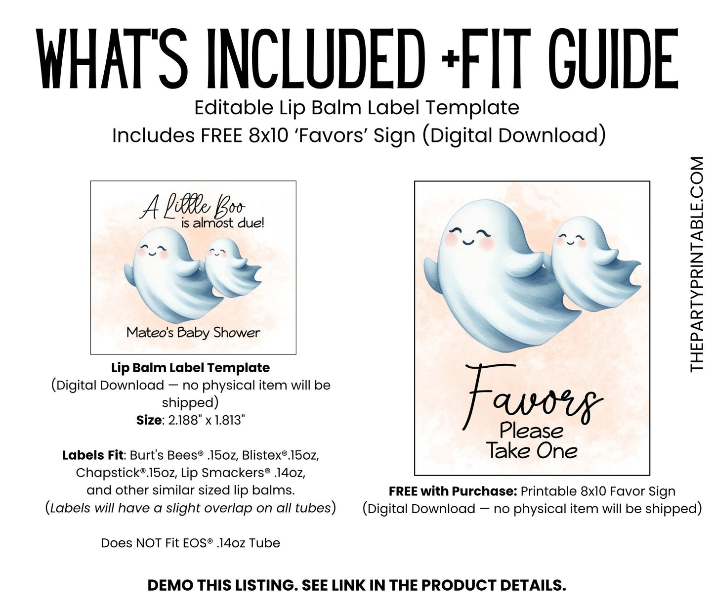 Little Boo Baby Shower Favor Lip Balm Label TEMPLATE | Editable Orange Ghost Theme Printable Gender Neutral Fall Halloween Baby Sticker 4071