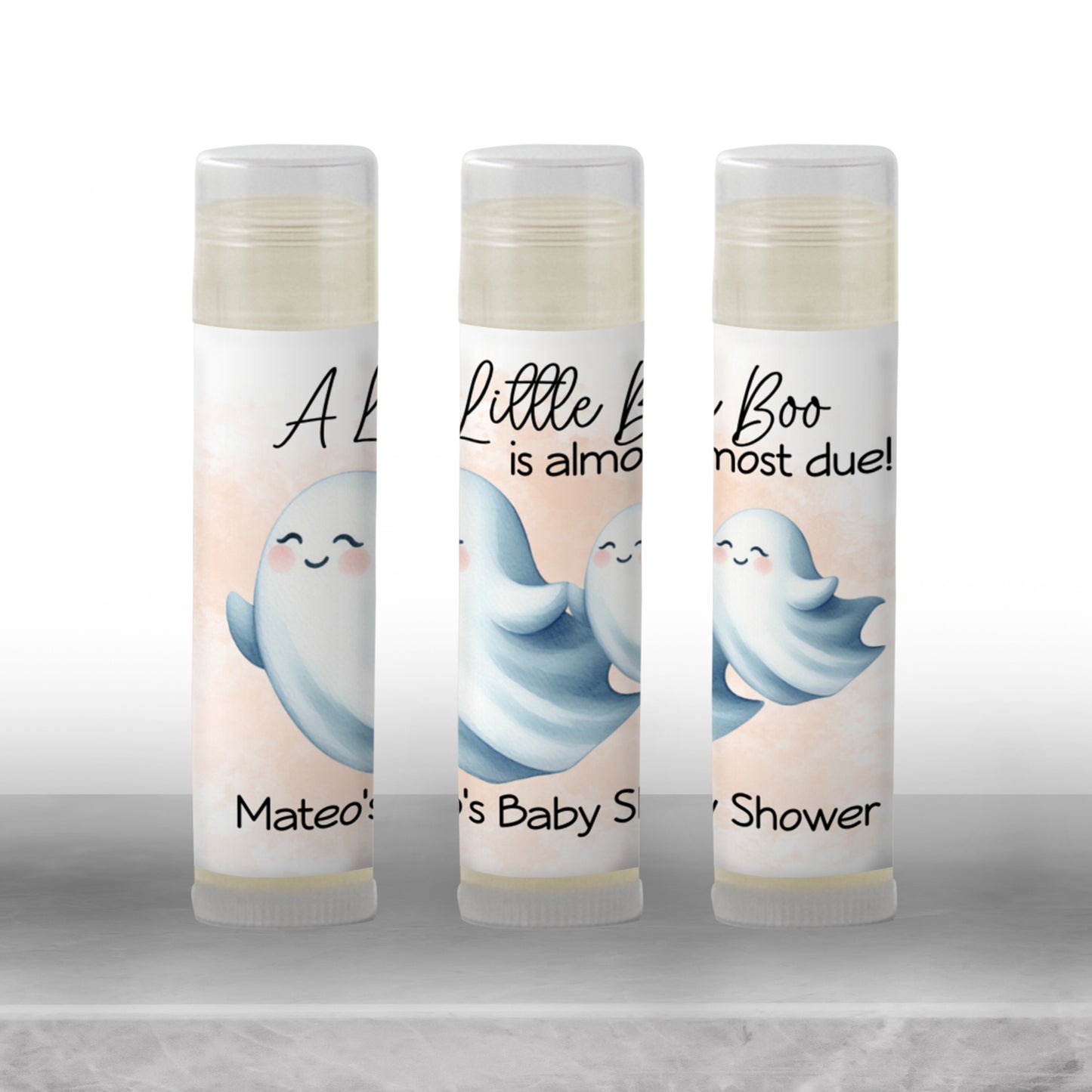 Little Boo Baby Shower Favors PRINTED Lip Balm Labels or Lip Balm Favors | Orange Ghost Gender Neutral Fall Halloween Baby Shower Gift 4071