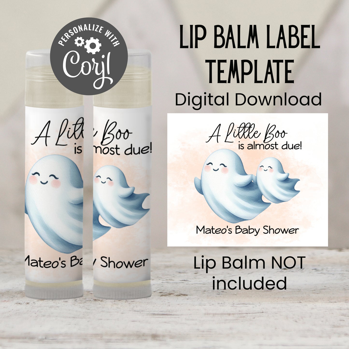 Little Boo Baby Shower Favor Lip Balm Label TEMPLATE | Editable Orange Ghost Theme Printable Gender Neutral Fall Halloween Baby Sticker 4071