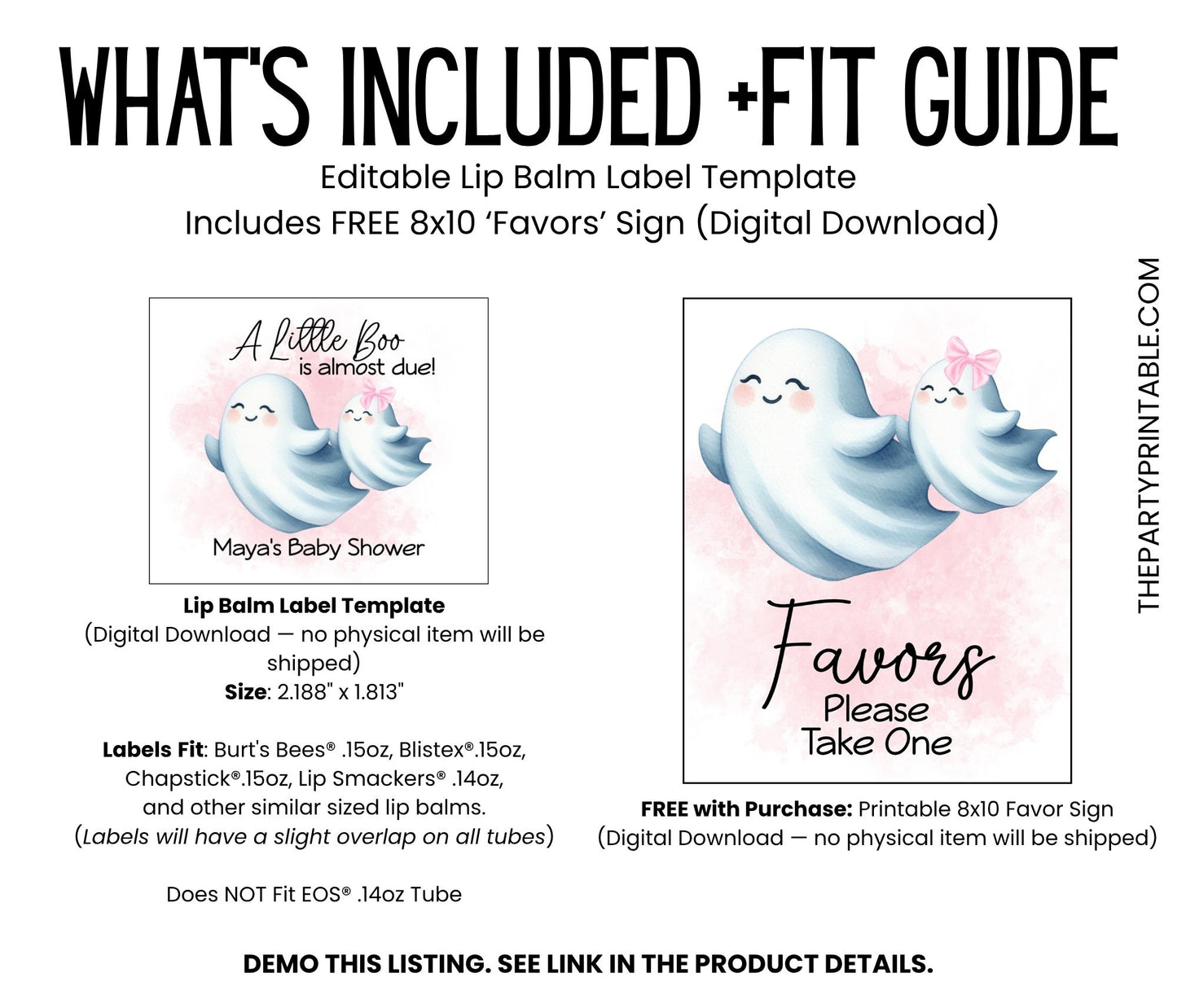 Little Boo Baby Shower Favor Lip Balm Label TEMPLATE | Editable Pink Ghost Theme | Printable Girl Halloween Fall Baby Shower Sticker 4071