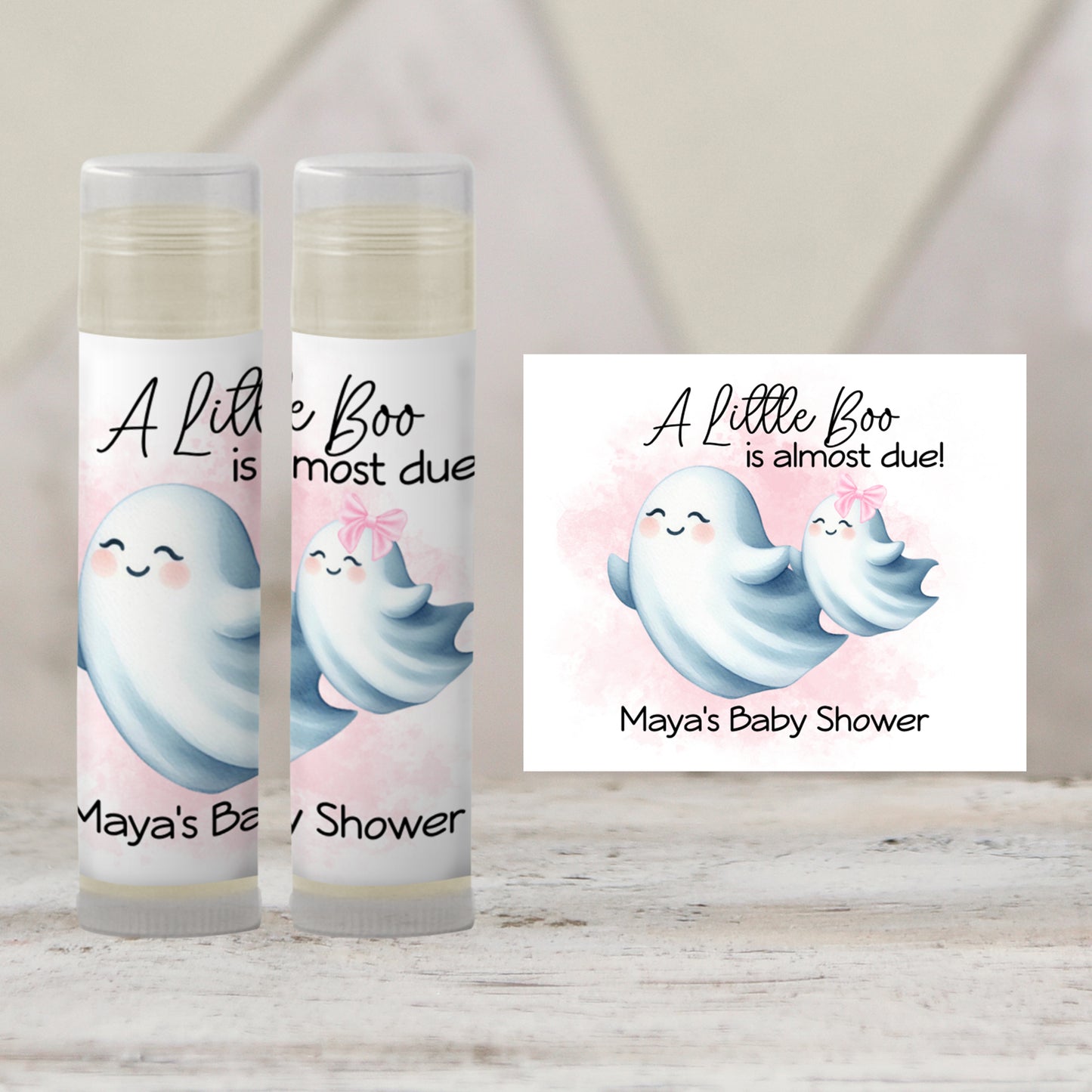 Little Boo Baby Shower Favor Lip Balm Label TEMPLATE | Editable Pink Ghost Theme | Printable Girl Halloween Fall Baby Shower Sticker 4071