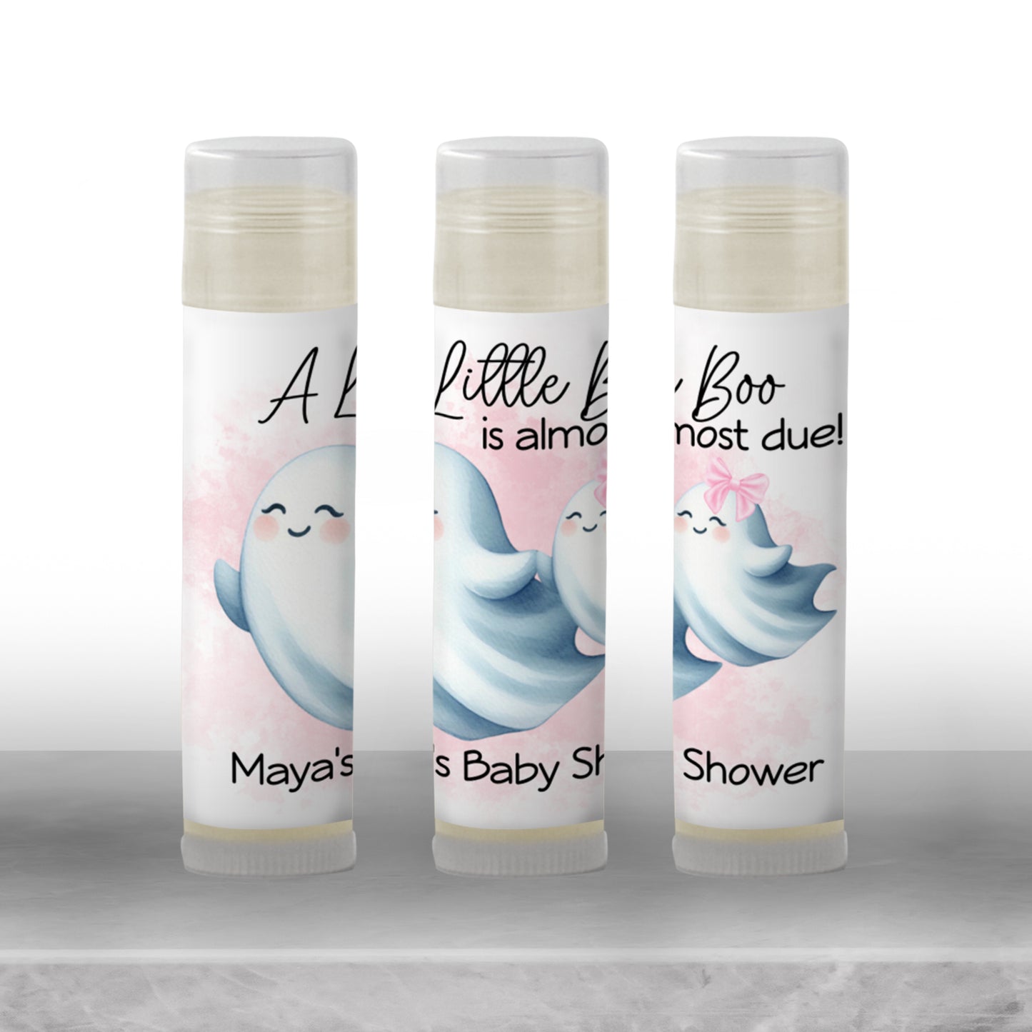 Little Boo Baby Shower Favor Lip Balm Label TEMPLATE | Editable Pink Ghost Theme | Printable Girl Halloween Fall Baby Shower Sticker 4071