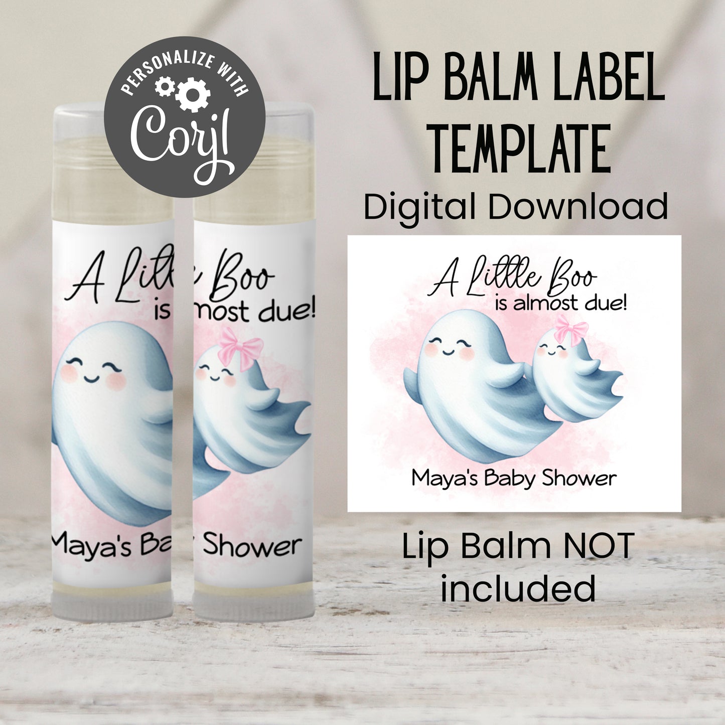 Little Boo Baby Shower Favor Lip Balm Label TEMPLATE | Editable Pink Ghost Theme | Printable Girl Halloween Fall Baby Shower Sticker 4071