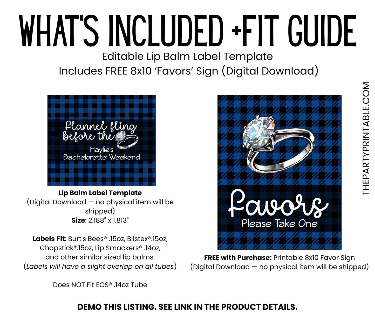 Flannel Fling Before the Ring Lip Balm Label TEMPLATE | Rustic Bachelorette Party Favor | Blue and Black Plaid | Cabin Woods Fall 4111
