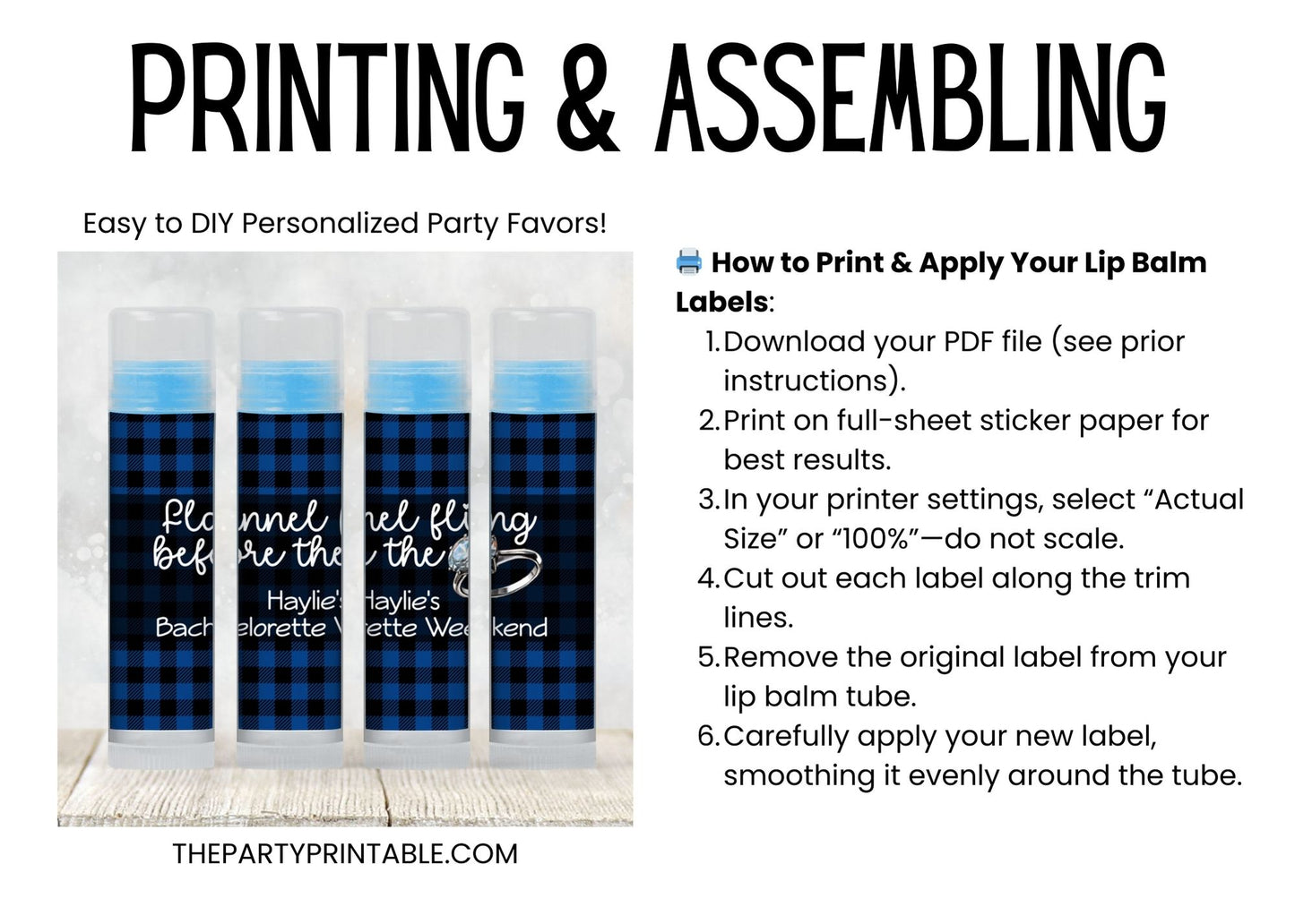 Flannel Fling Before the Ring Lip Balm Label TEMPLATE | Rustic Bachelorette Party Favor | Blue and Black Plaid | Cabin Woods Fall 4111