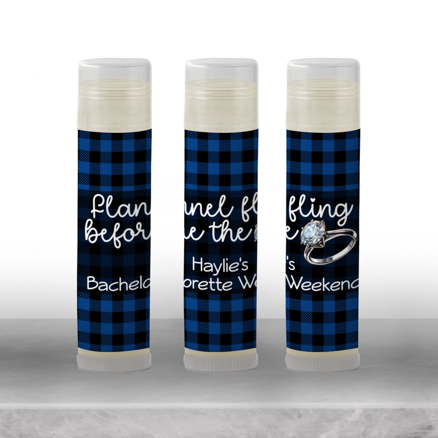 Flannel Fling Before the Ring Lip Balm Label TEMPLATE | Rustic Bachelorette Party Favor | Blue and Black Plaid | Cabin Woods Fall 4111
