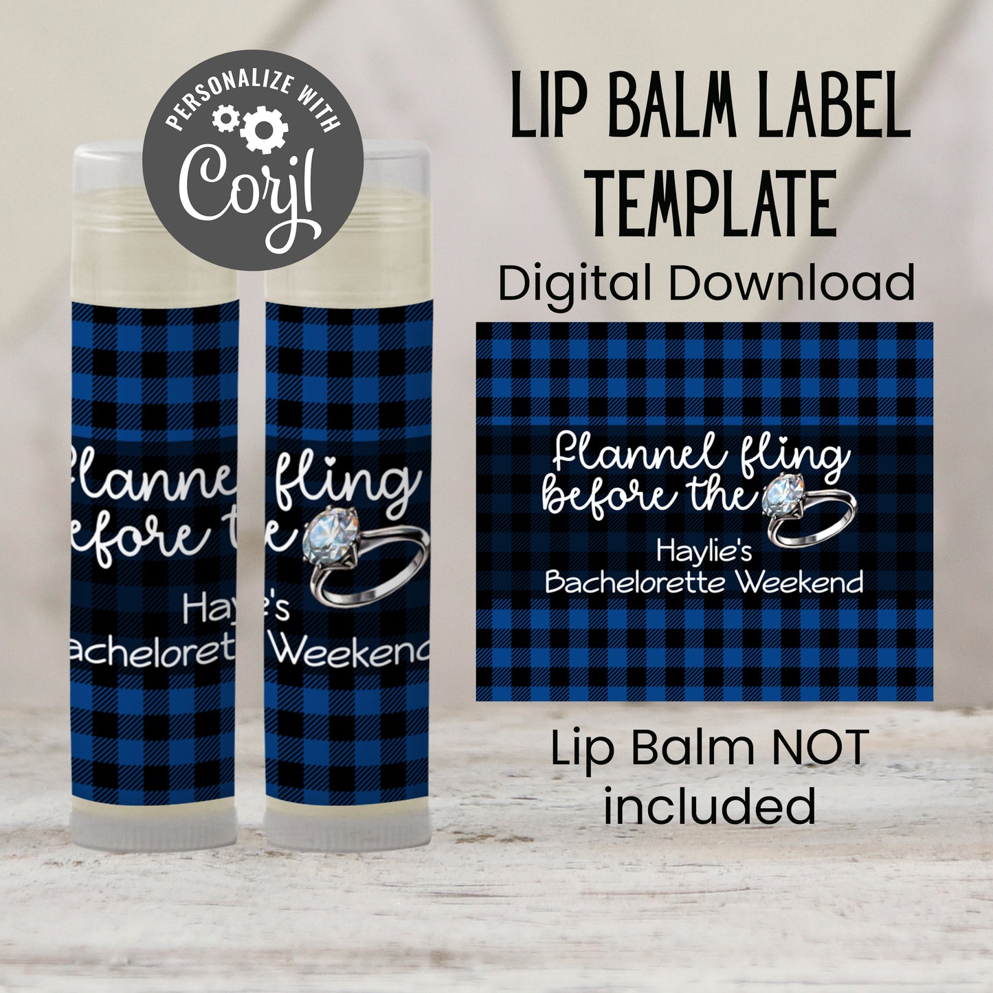 Flannel Fling Before the Ring Lip Balm Label TEMPLATE | Rustic Bachelorette Party Favor | Blue and Black Plaid | Cabin Woods Fall 4111