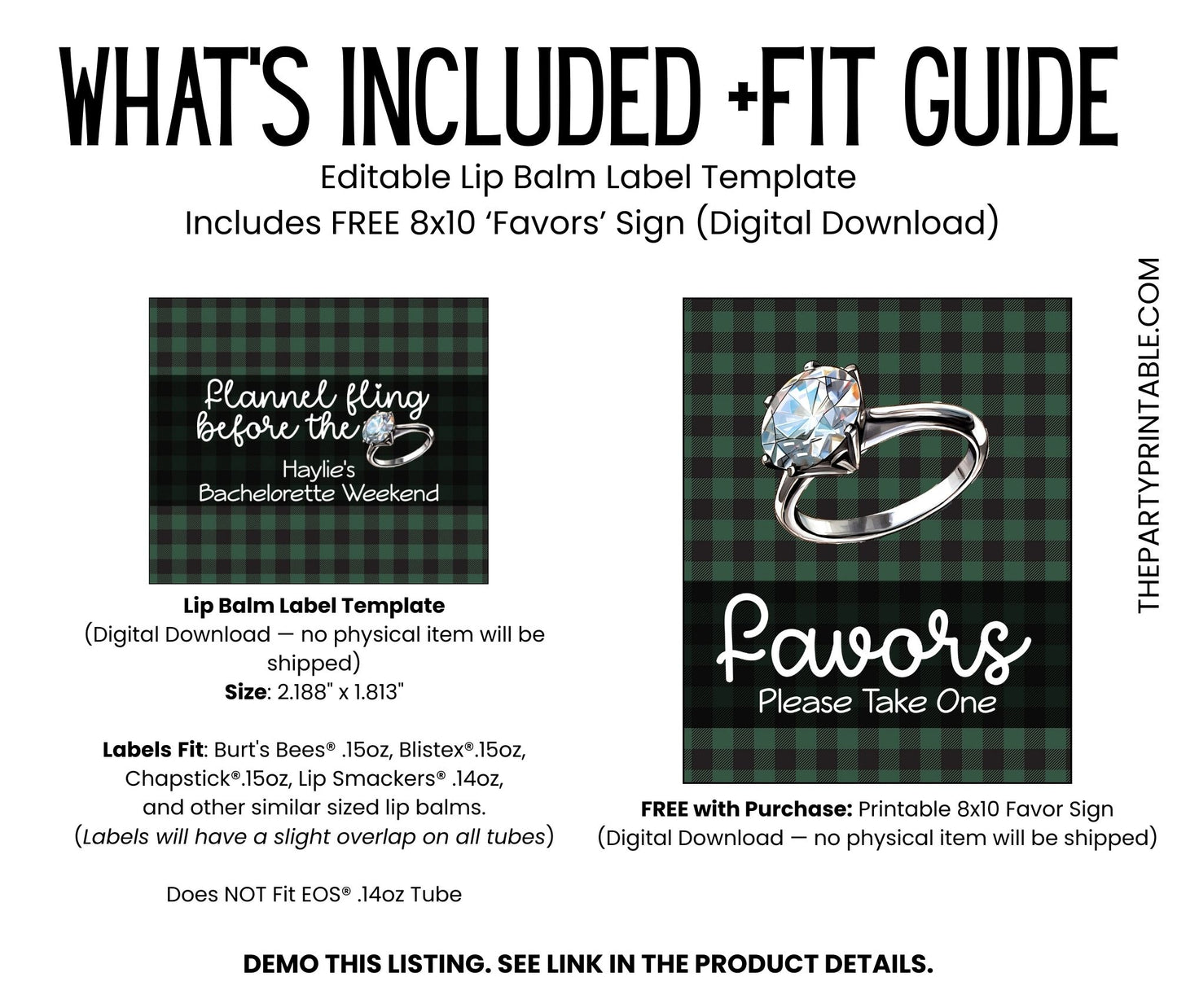 Flannel Fling Before the Ring Lip Balm Label TEMPLATE | Rustic Bachelorette Favor | Green and Black Plaid | Cabin Woods Fall Party 4111