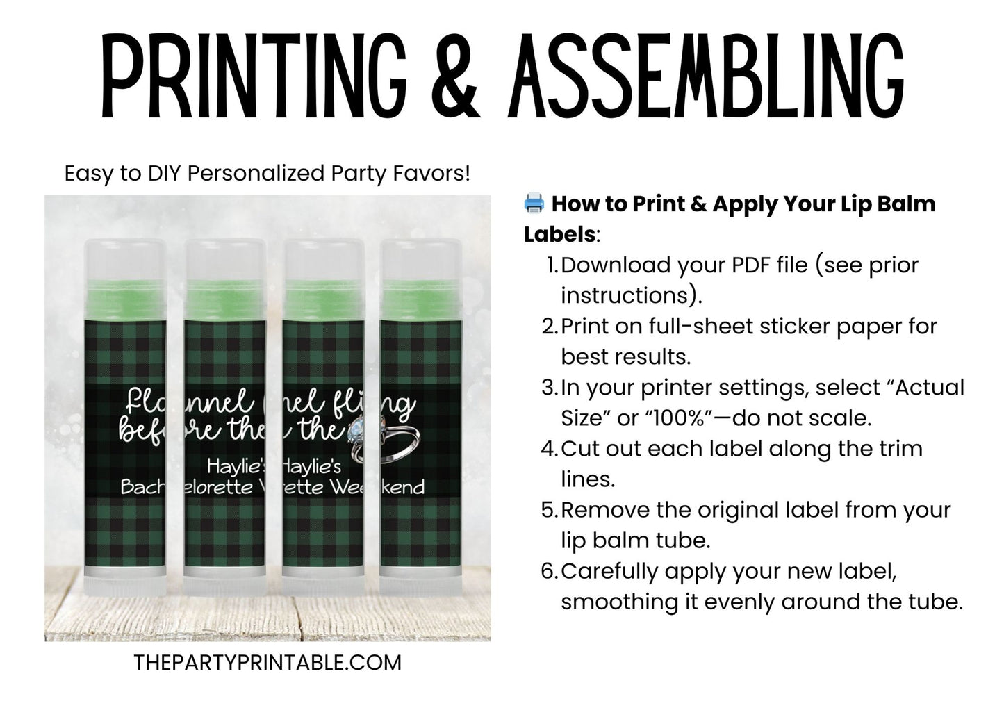 Flannel Fling Before the Ring Lip Balm Label TEMPLATE | Rustic Bachelorette Favor | Green and Black Plaid | Cabin Woods Fall Party 4111