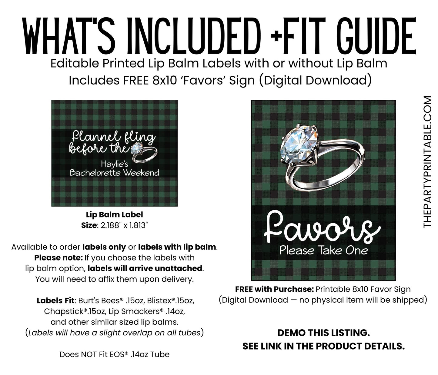 Flannel Fling Before the Ring PRINTED Lip Balm Labels | Rustic Bachelorette Favor | Green and Black Plaid | Fall Cabin Chapstick 4111