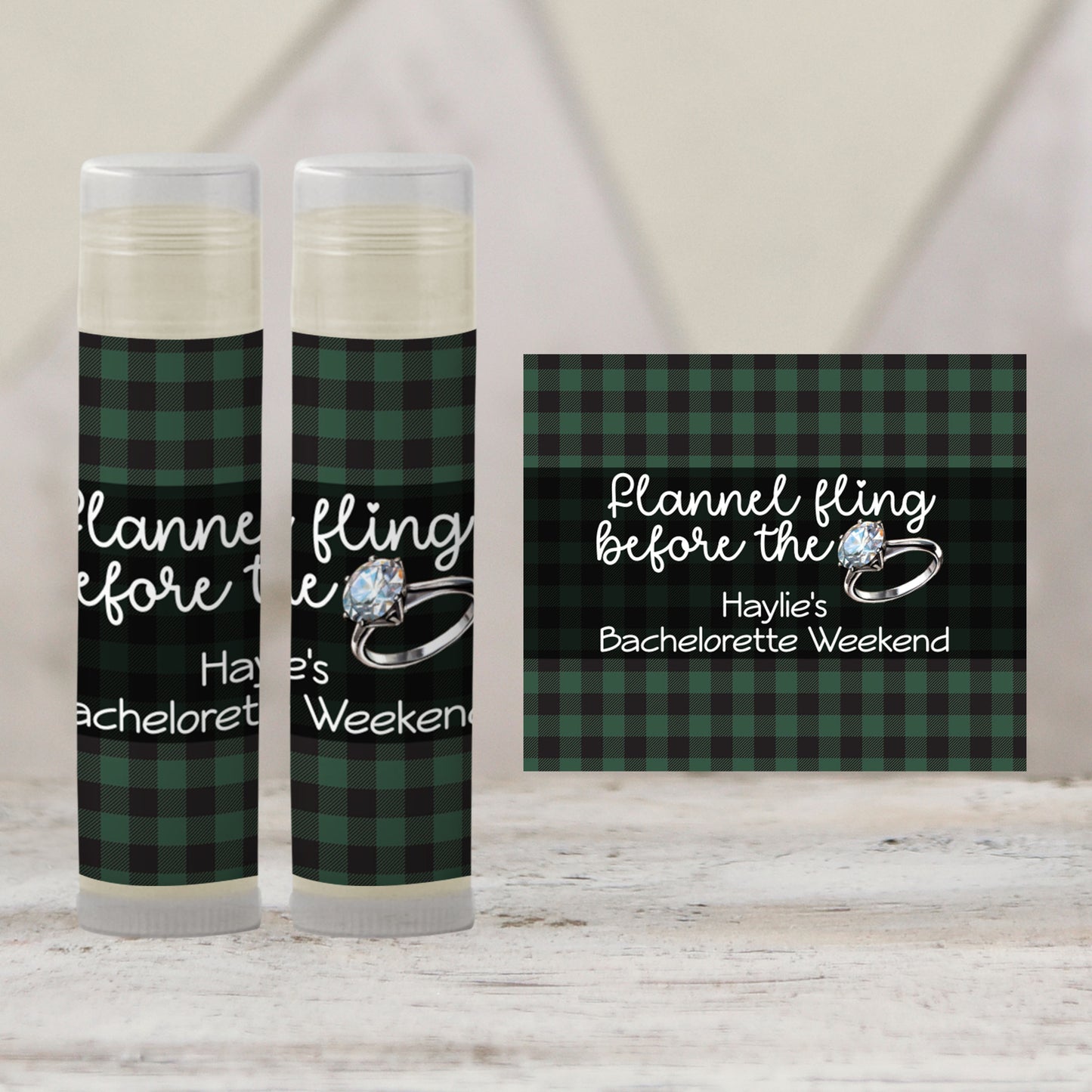 Flannel Fling Before the Ring Lip Balm Label TEMPLATE | Rustic Bachelorette Favor | Green and Black Plaid | Cabin Woods Fall Party 4111