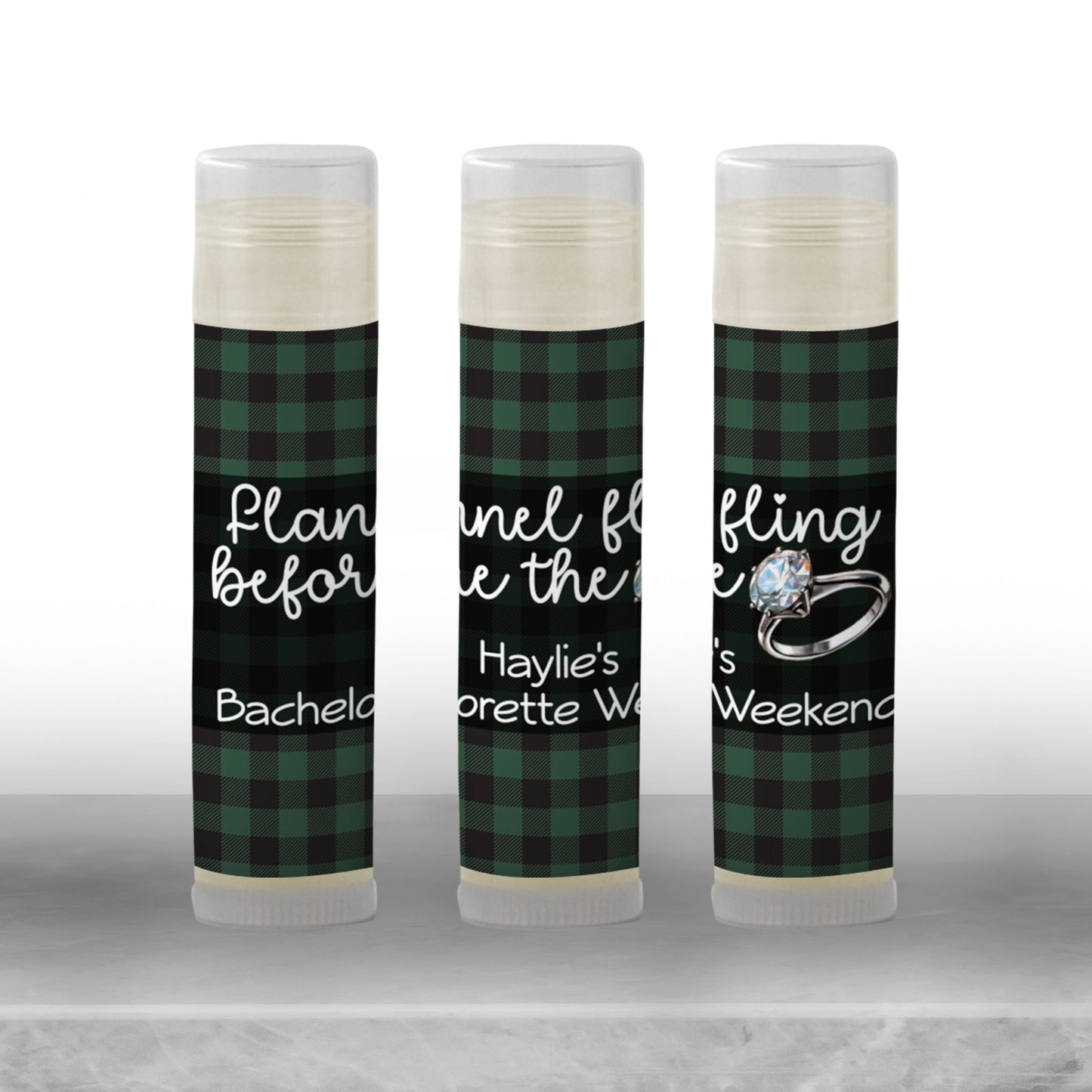 Flannel Fling Before the Ring Lip Balm Label TEMPLATE | Rustic Bachelorette Favor | Green and Black Plaid | Cabin Woods Fall Party 4111