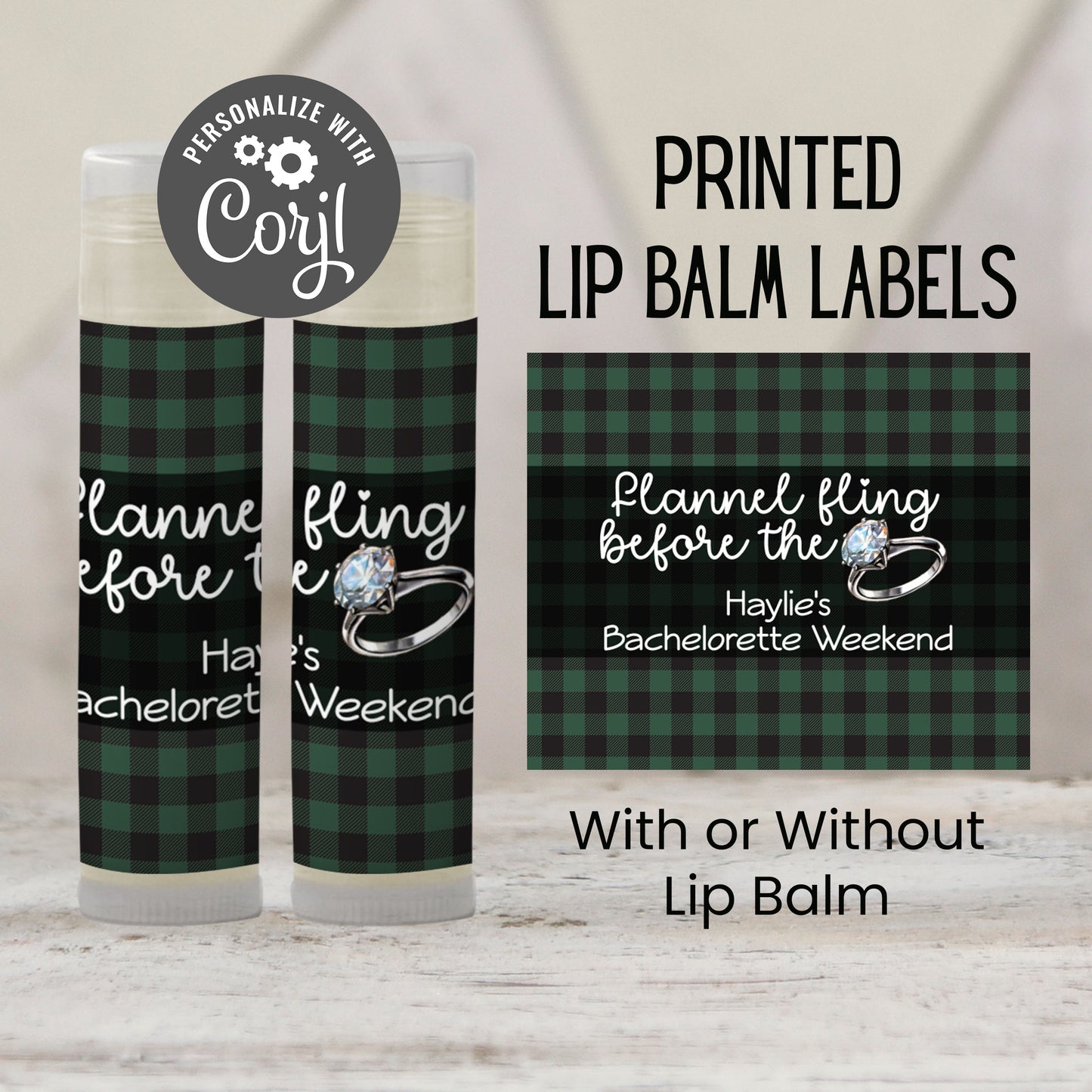 Flannel Fling Before the Ring PRINTED Lip Balm Labels | Rustic Bachelorette Favor | Green and Black Plaid | Fall Cabin Chapstick 4111