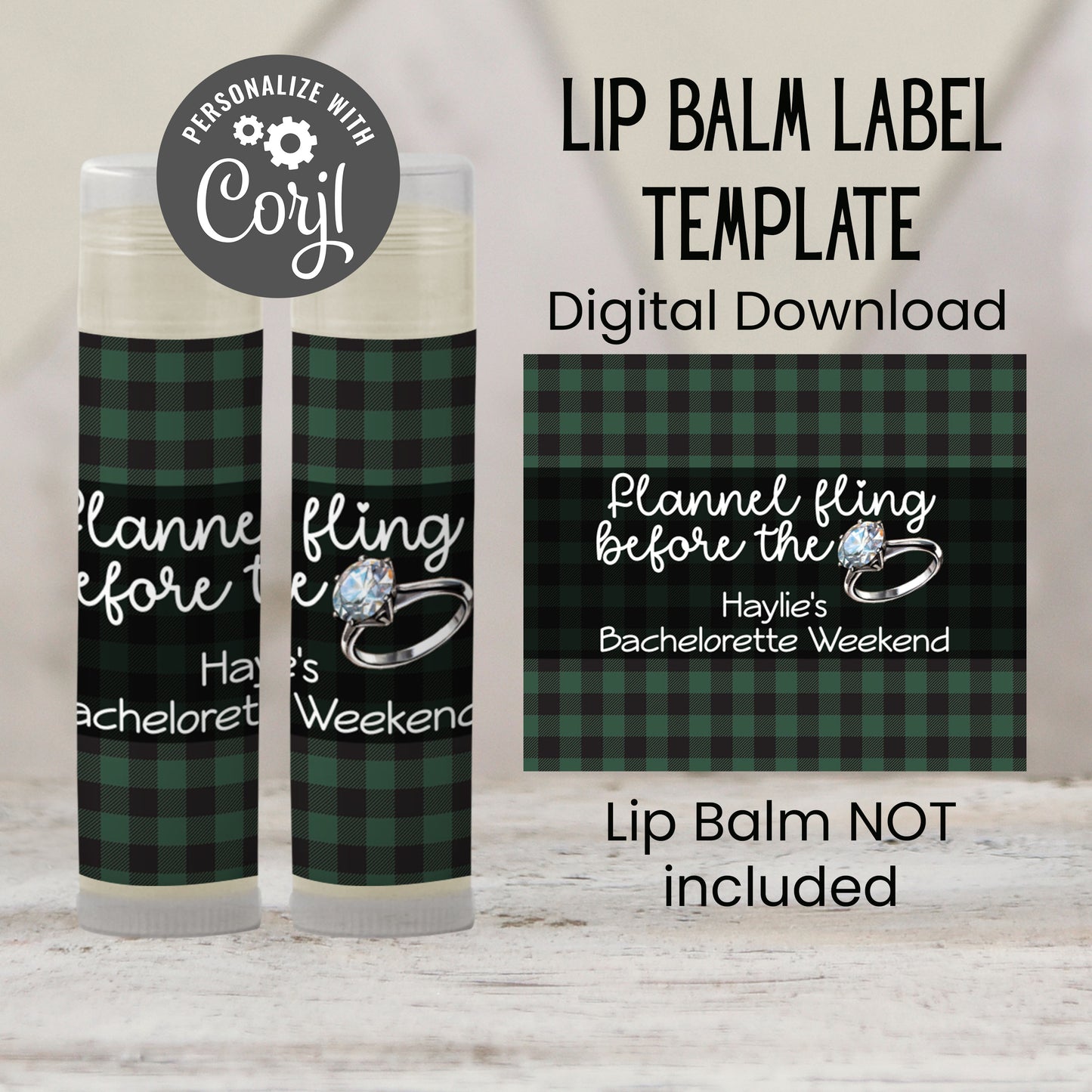 Flannel Fling Before the Ring Lip Balm Label TEMPLATE | Rustic Bachelorette Favor | Green and Black Plaid | Cabin Woods Fall Party 4111