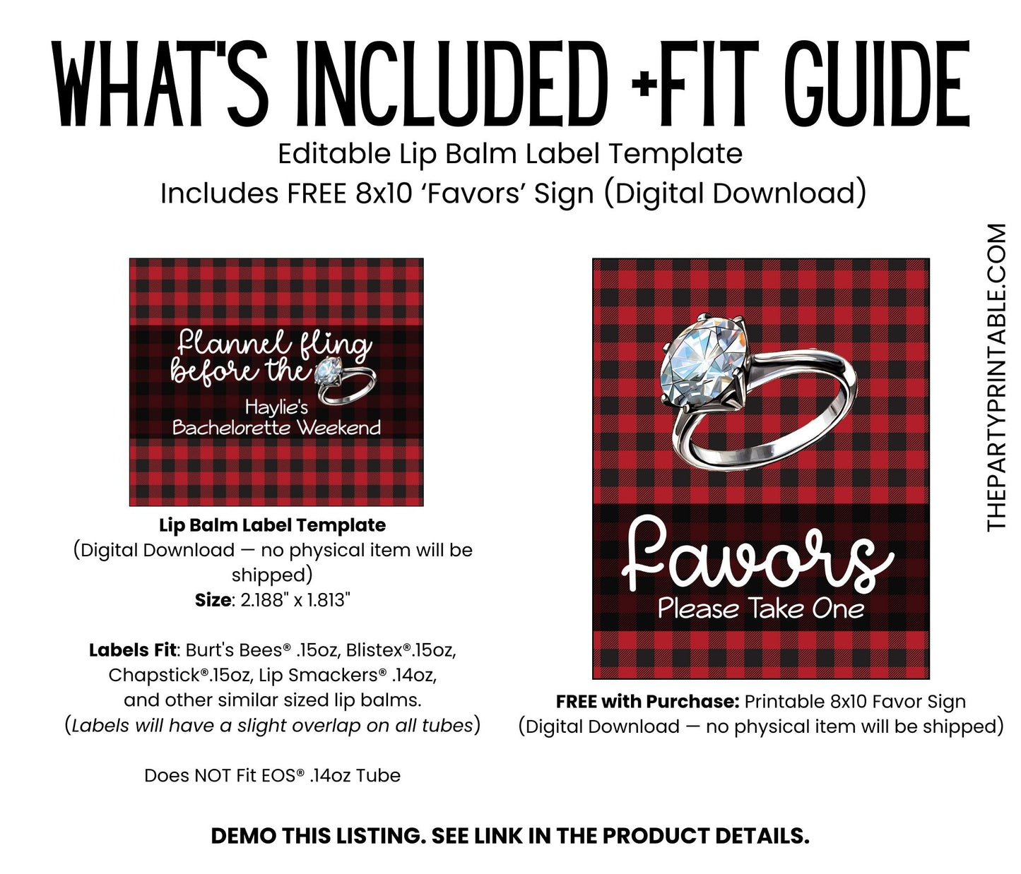 Flannel Fling Before the Ring Lip Balm Label TEMPLATE | Red and Black Buffalo Plaid | Rustic Bachelorette Favor | Cabin Fall Party 4111