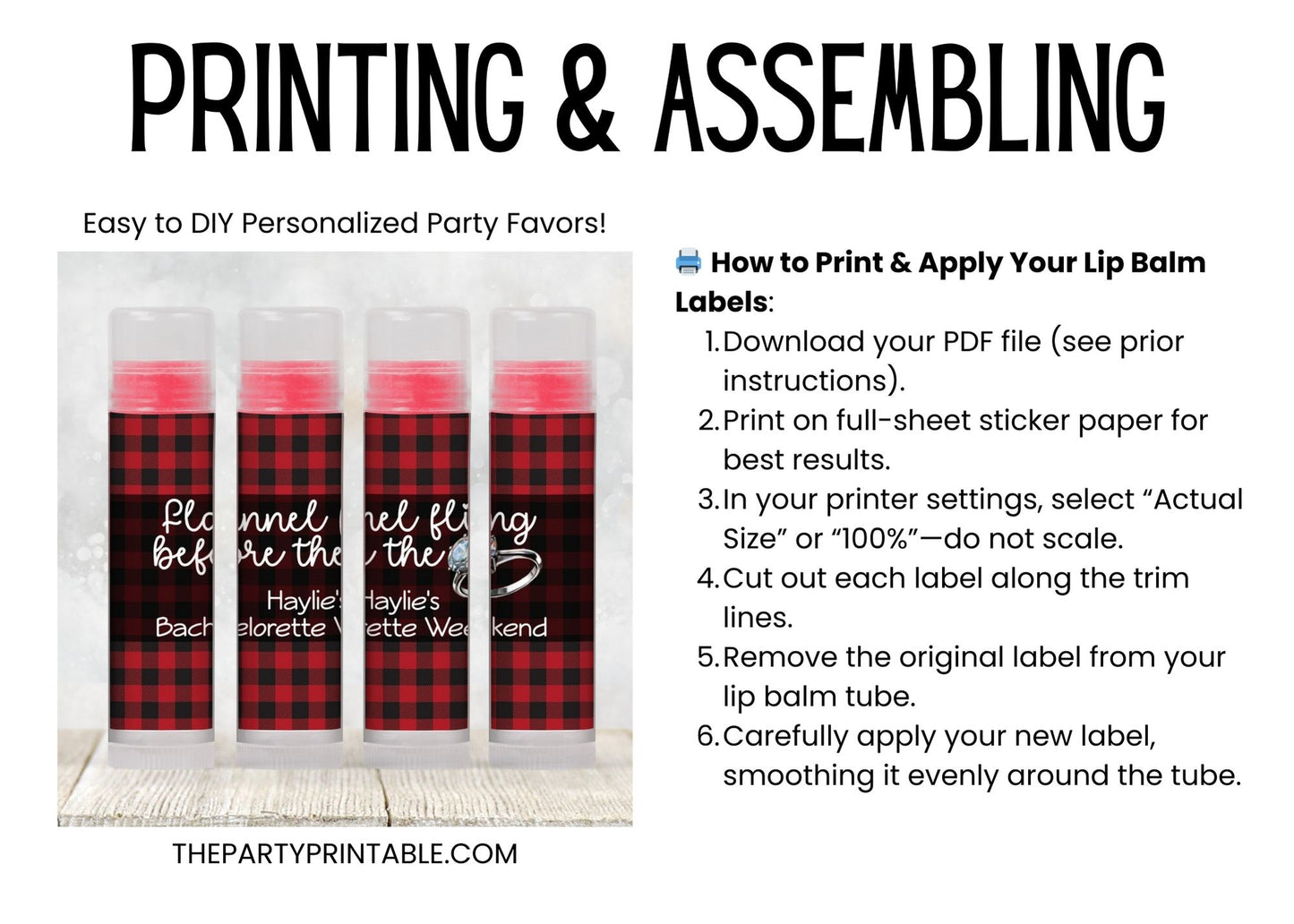 Flannel Fling Before the Ring Lip Balm Label TEMPLATE | Red and Black Buffalo Plaid | Rustic Bachelorette Favor | Cabin Fall Party 4111