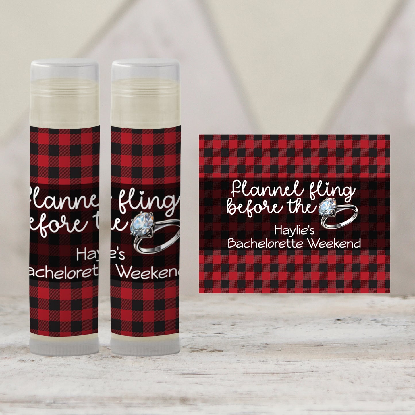 Flannel Fling Before the Ring Lip Balm Label TEMPLATE | Red and Black Buffalo Plaid | Rustic Bachelorette Favor | Cabin Fall Party 4111