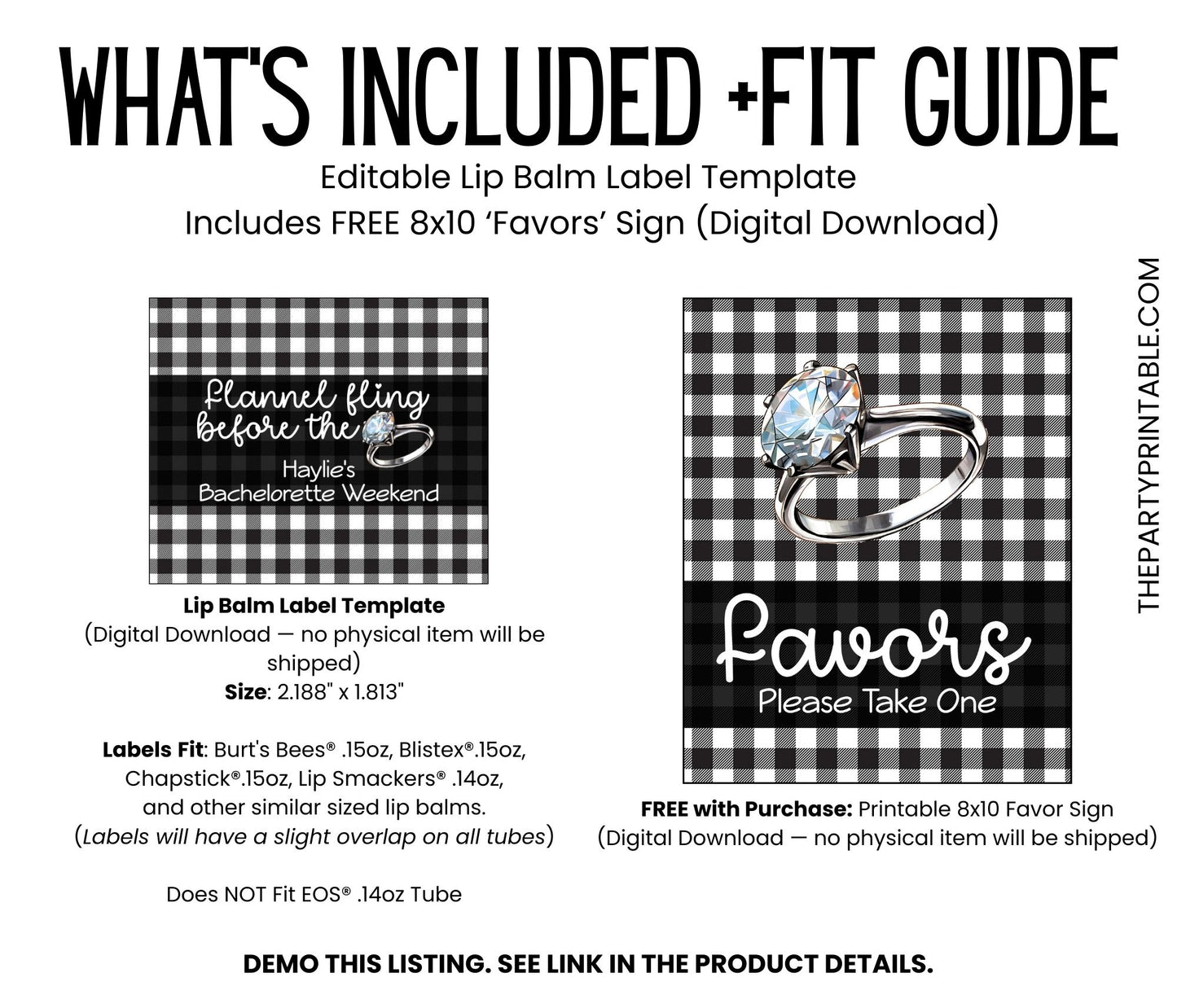Flannel Fling Before the Ring Lip Balm Label TEMPLATE | Black and White Buffalo Check | Rustic Bachelorette Favor | Fall Cabin Party 4111