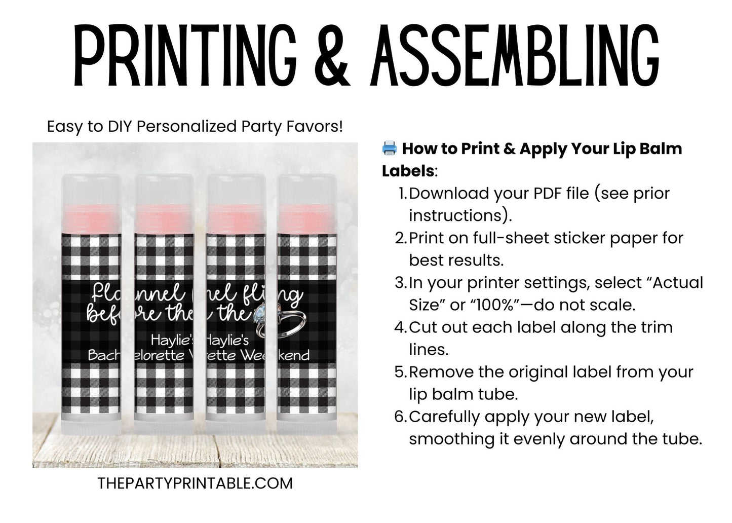 Flannel Fling Before the Ring Lip Balm Label TEMPLATE | Black and White Buffalo Check | Rustic Bachelorette Favor | Fall Cabin Party 4111