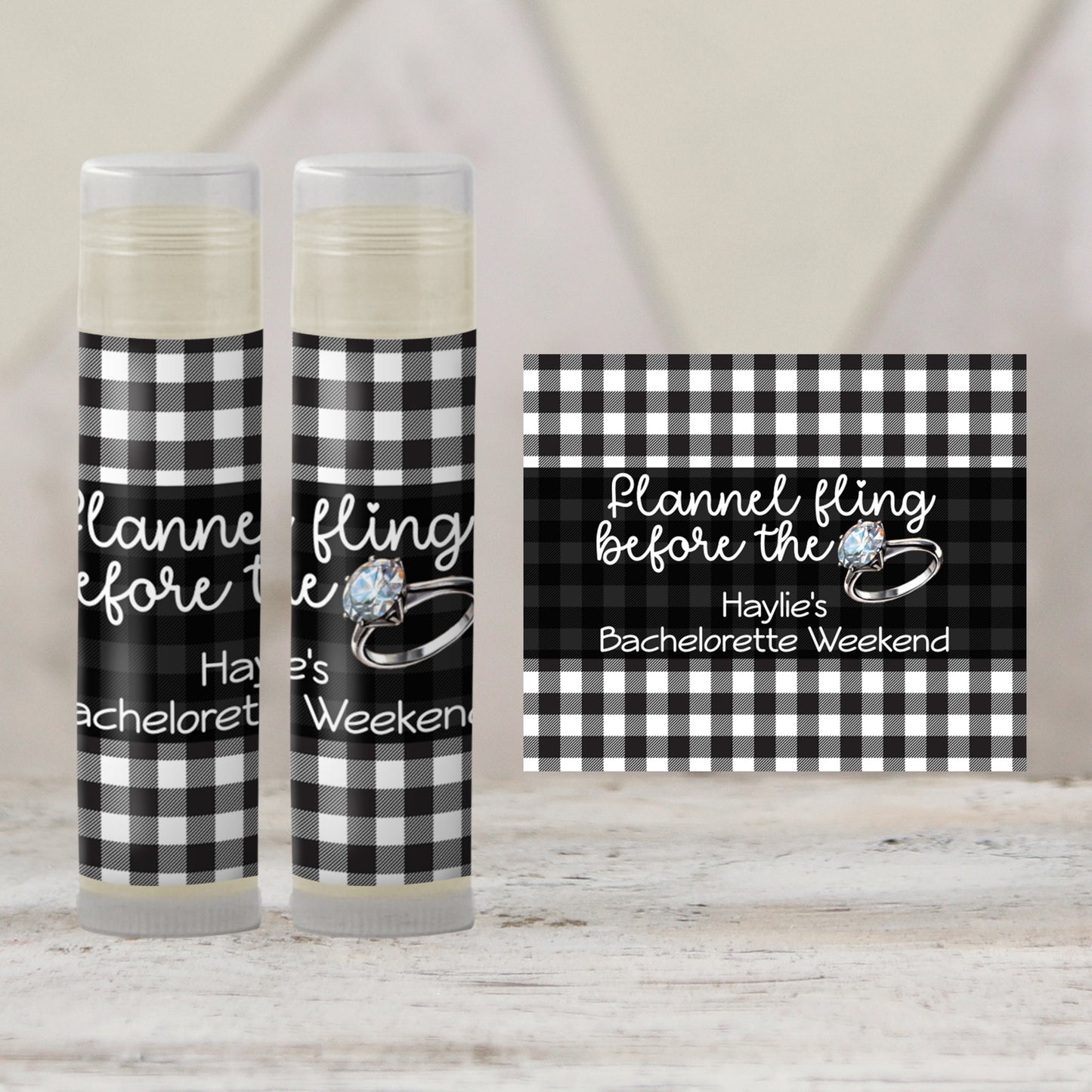 Flannel Fling Before the Ring Lip Balm Label TEMPLATE | Black and White Buffalo Check | Rustic Bachelorette Favor | Fall Cabin Party 4111