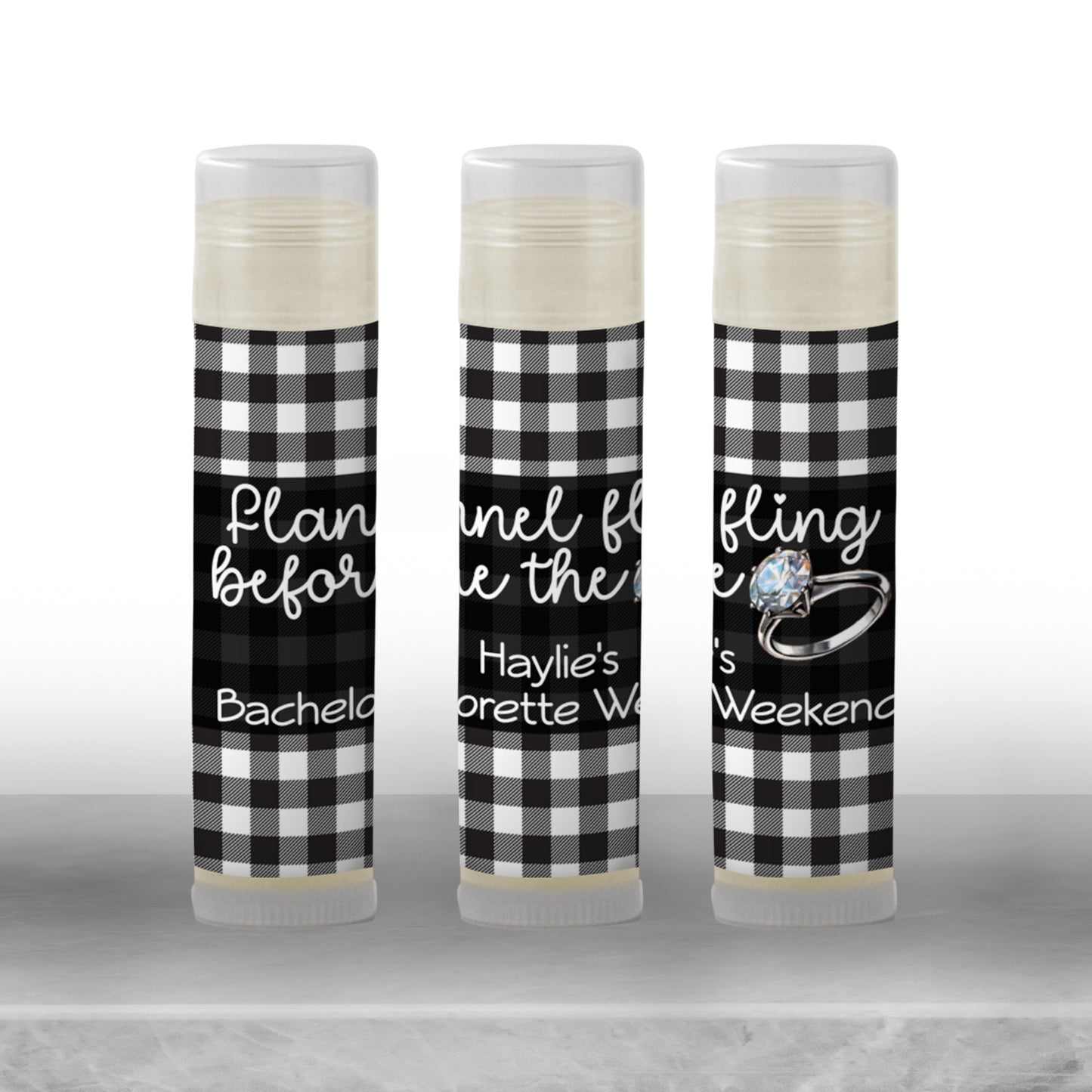 Flannel Fling Before the Ring Lip Balm Label TEMPLATE | Black and White Buffalo Check | Rustic Bachelorette Favor | Fall Cabin Party 4111