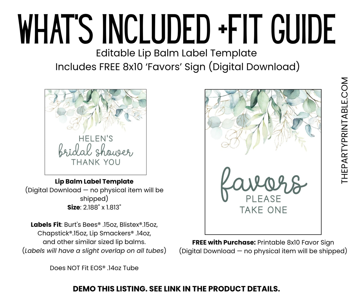 Greenery Bridal Shower Favor Lip Balm Label TEMPLATE | Printable Eucalyptus Design | Minimalist Wedding Party Favor for Bridesmaid Gift 4112