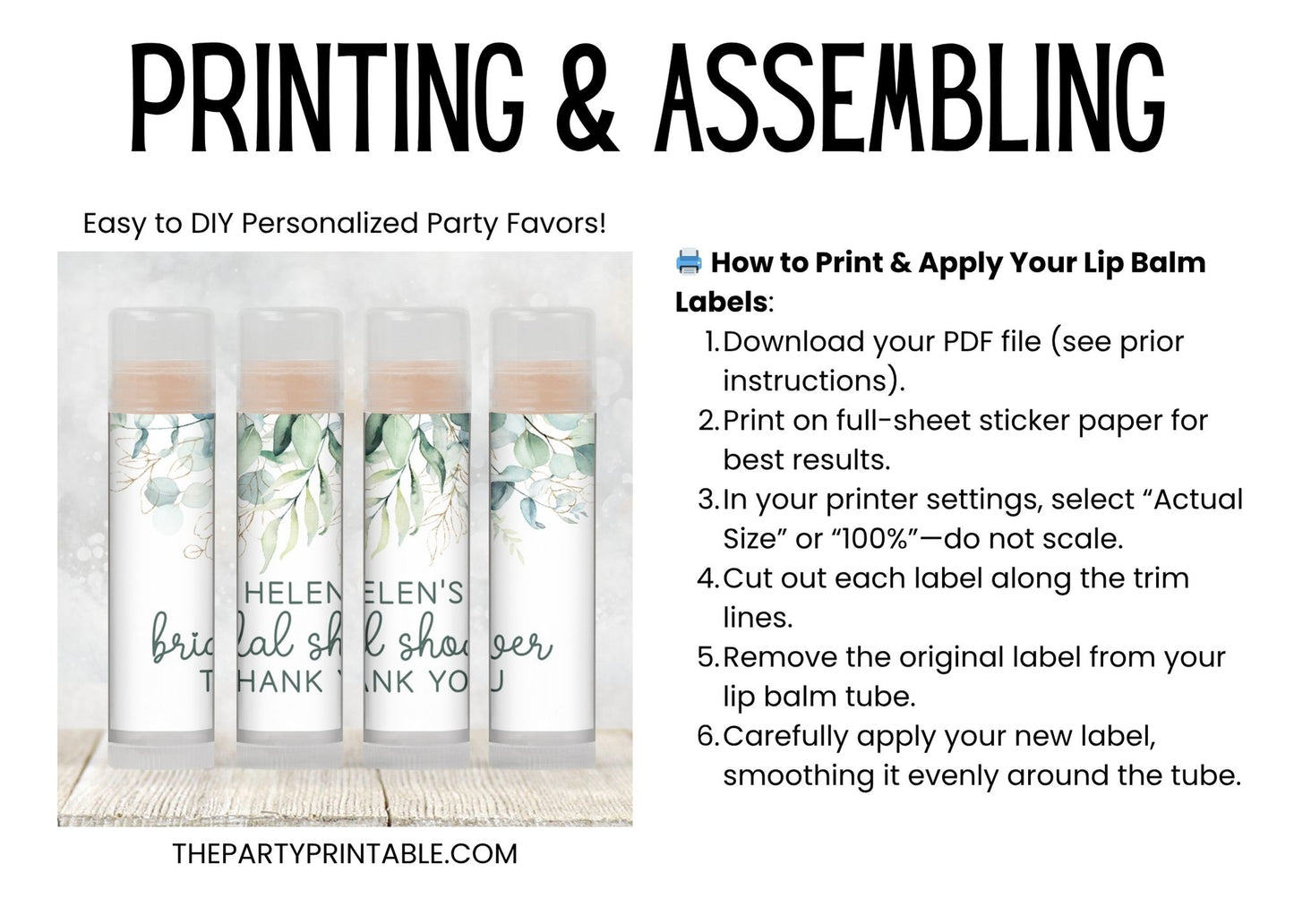 Greenery Bridal Shower Favor Lip Balm Label TEMPLATE | Printable Eucalyptus Design | Minimalist Wedding Party Favor for Bridesmaid Gift 4112