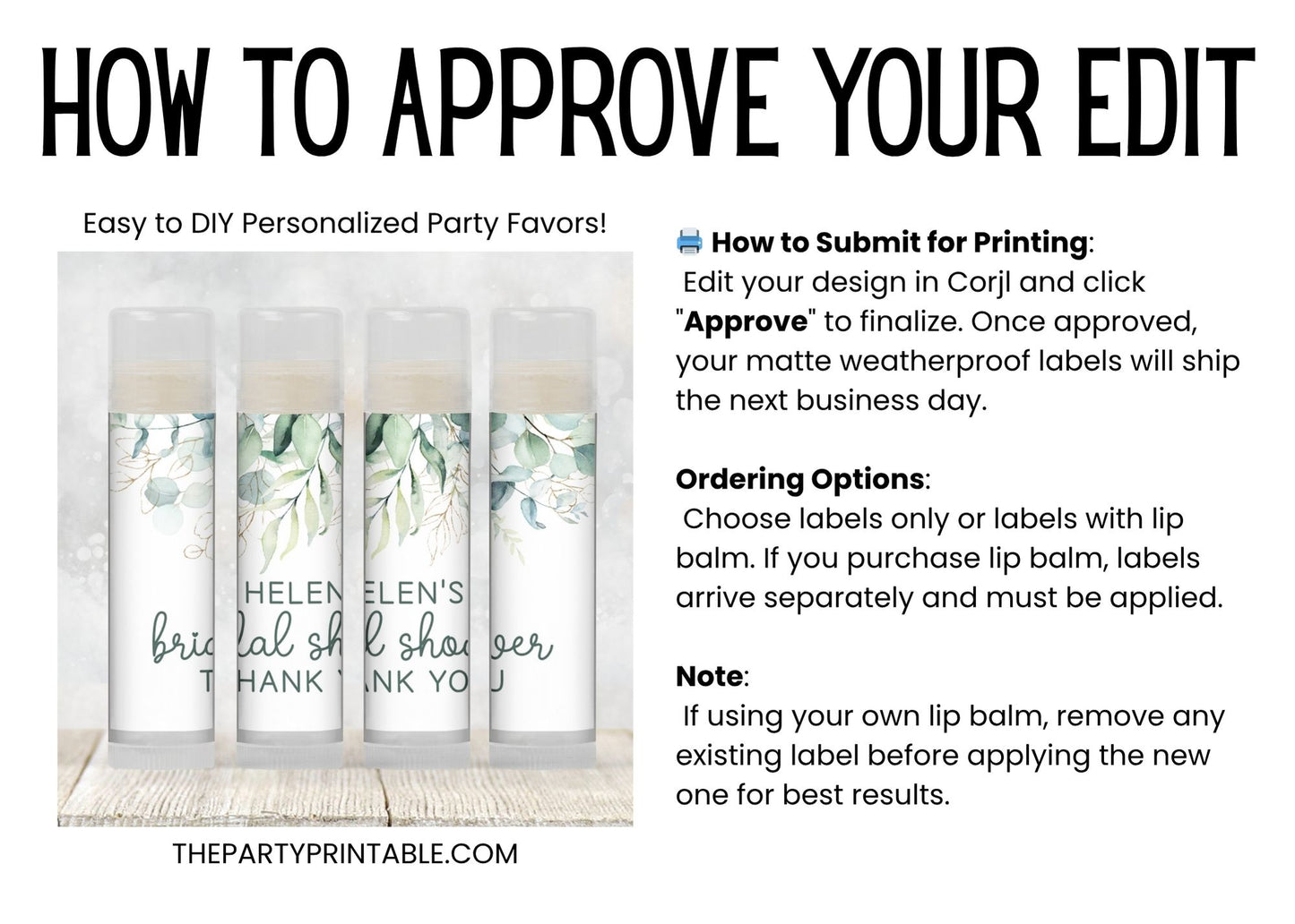 Eucalyptus Bridal Shower Favors Lip Balm | PRINTED Personalized Greenery Labels or Lip Balm | Botanical Garden Theme Bridesmaid Gift 4112
