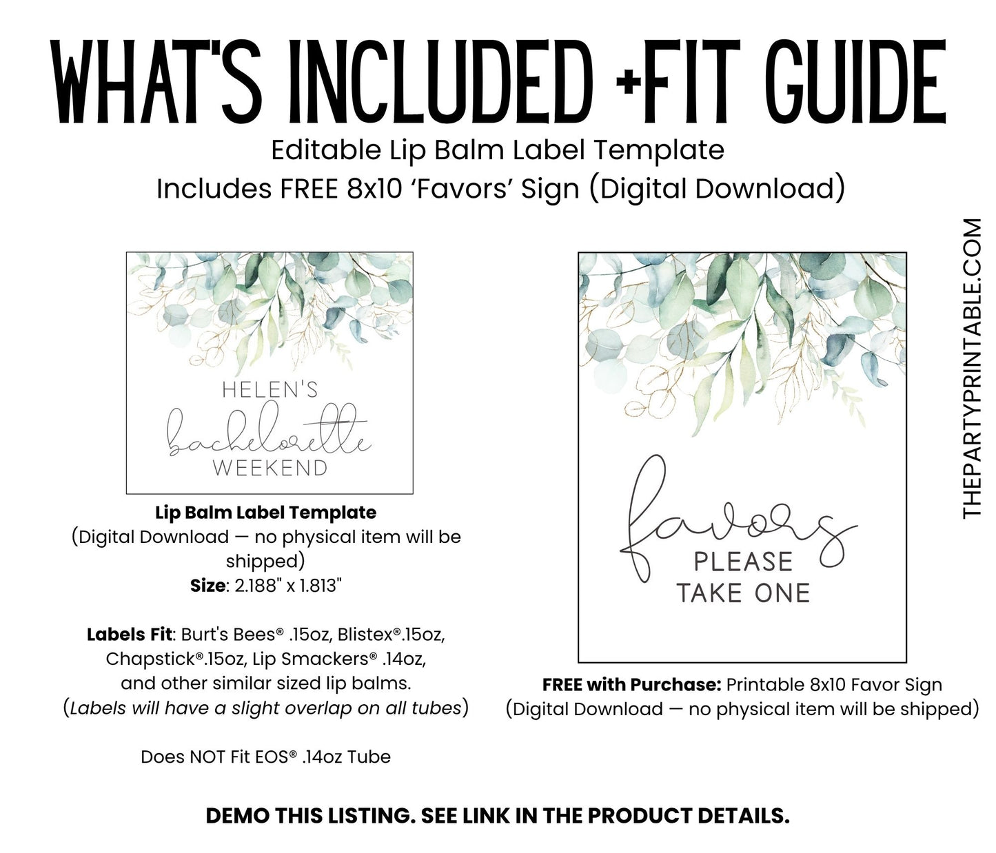 Eucalyptus Bachelorette Favors Lip Balm Label TEMPLATE | Editable Greenery Chapstick Labels | Printable Botanical Bridal Shower Favor 4114