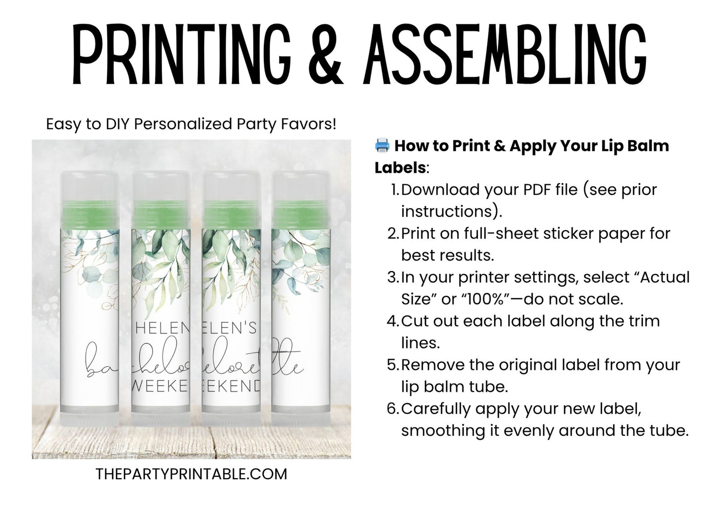 Eucalyptus Bachelorette Favors Lip Balm Label TEMPLATE | Editable Greenery Chapstick Labels | Printable Botanical Bridal Shower Favor 4114