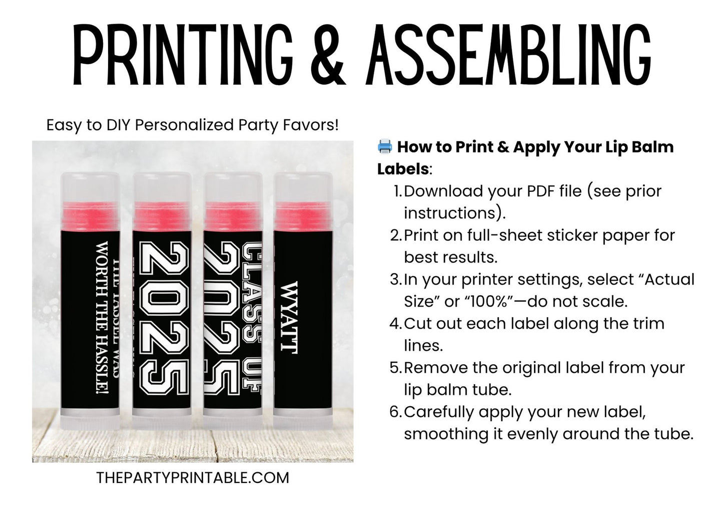 Class of 2025 Graduation Party Favor Lip Balm Label TEMPLATE | Editable Grad Chapstick Labels | High School or College Open House Favor 4124