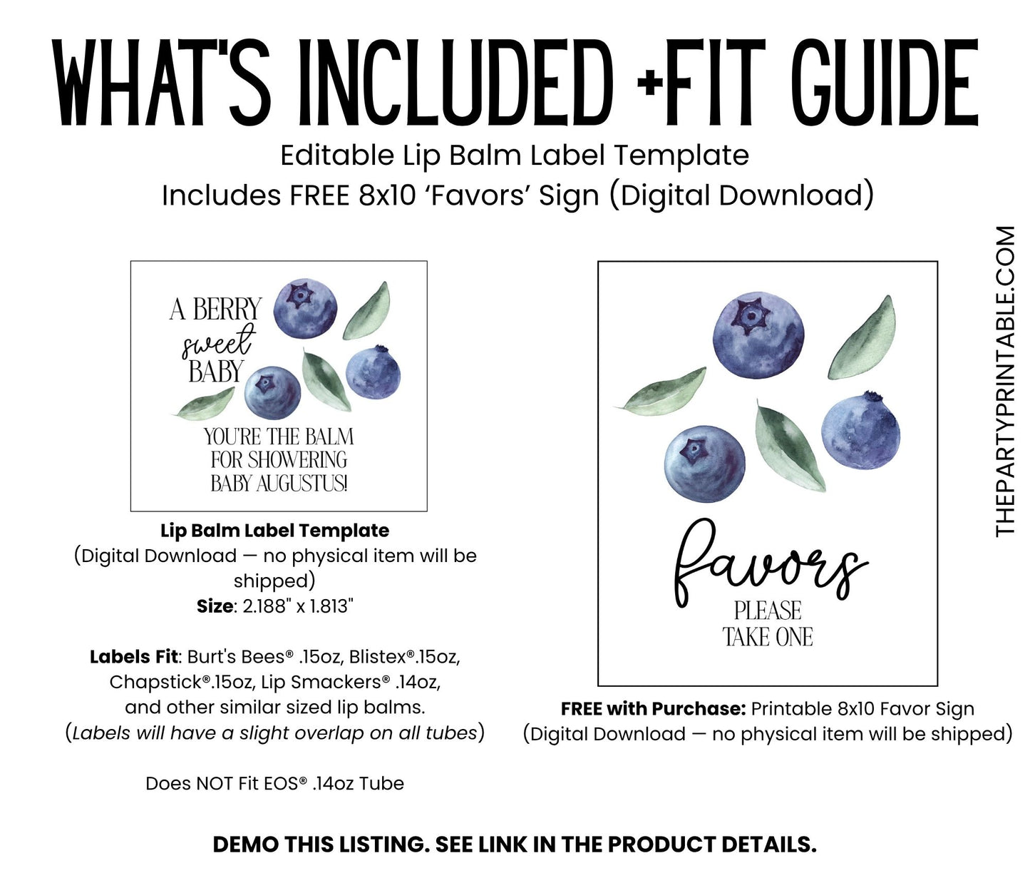 Blueberry Baby Shower Lip Balm Label Template: Personalized Boy Favor (Digital Download)