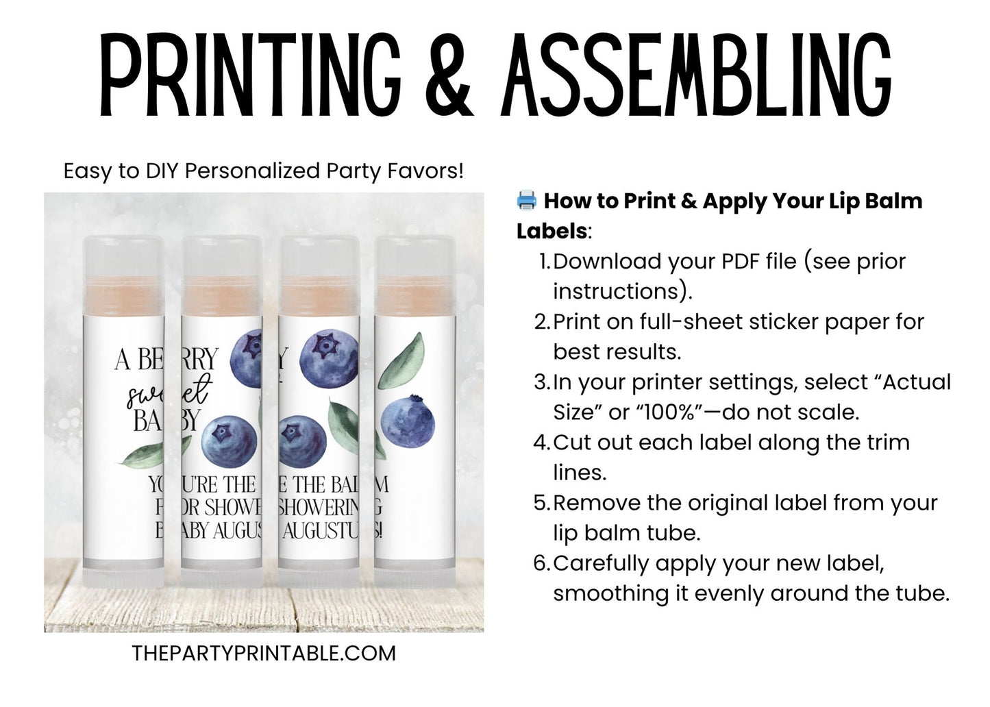Blueberry Baby Shower Lip Balm Label Template: Personalized Boy Favor (Digital Download)