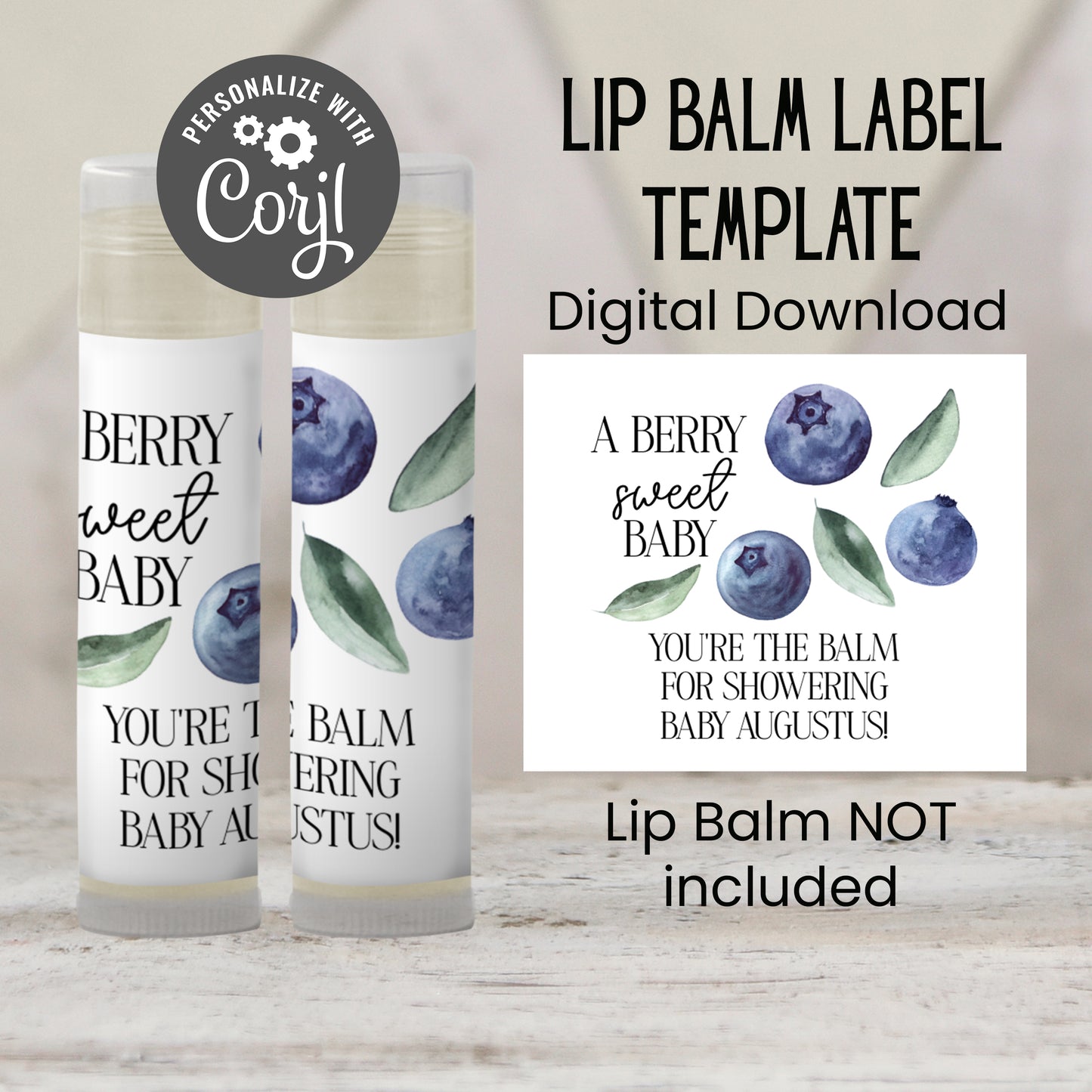 Blueberry Baby Shower Lip Balm Label Template: Personalized Boy Favor (Digital Download)