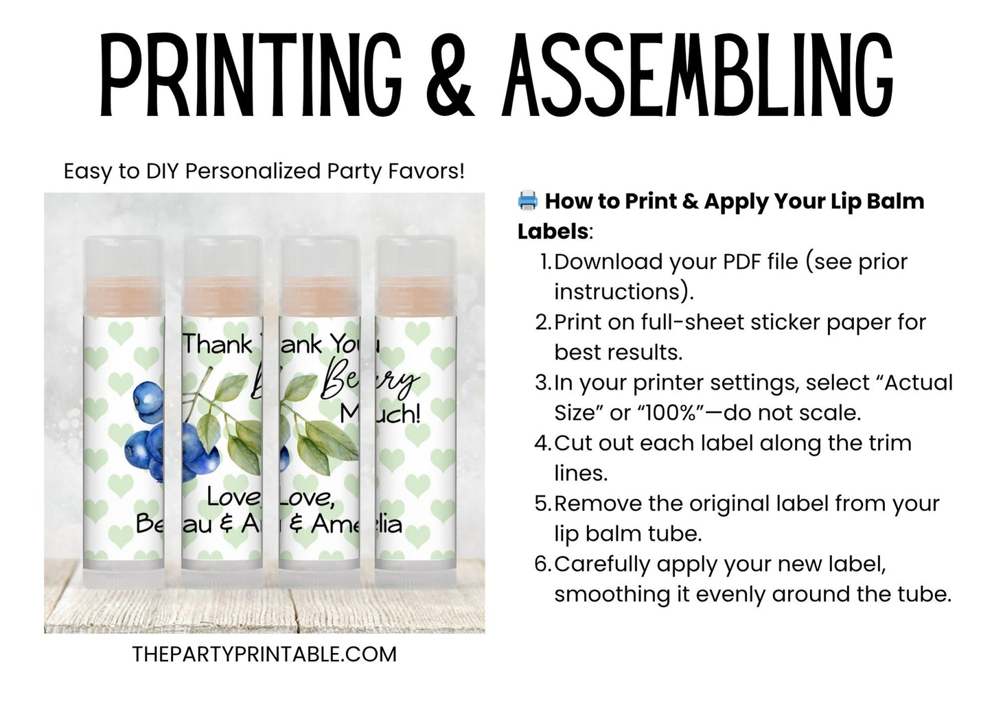 Blueberry Baby Shower Lip Balm Label Template: Boy 1st Birthday Favor (Digital Download)