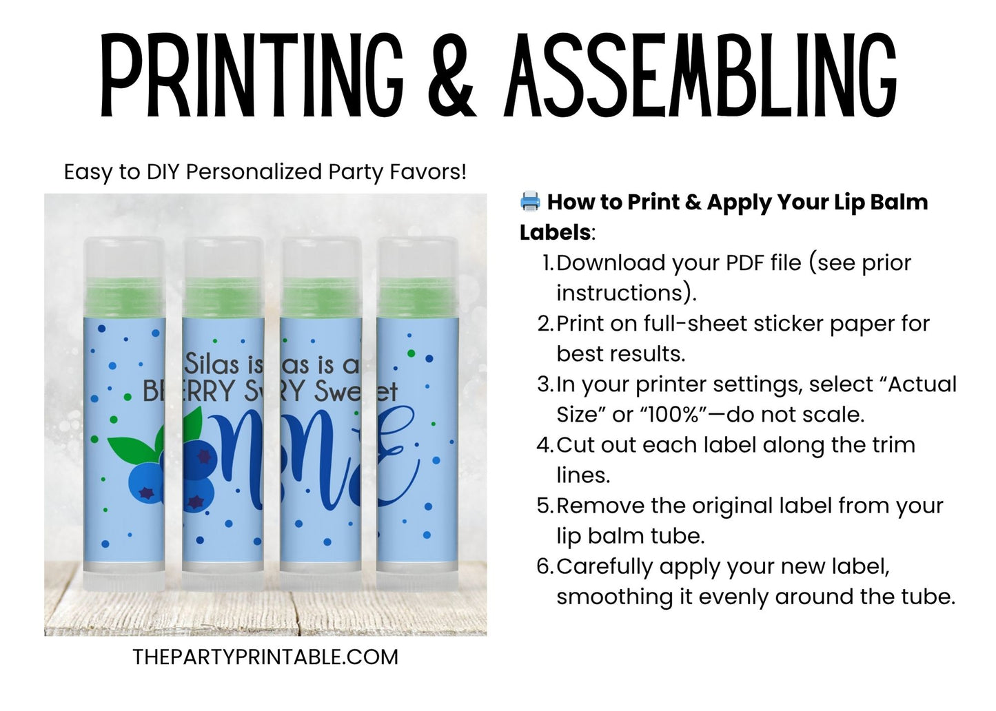 Berry First Birthday Lip Balm Favors TEMPLATE | Editable Blueberry Chapstick Label | Printable 1st Birthday Party Favor for Boy or Girl 4142
