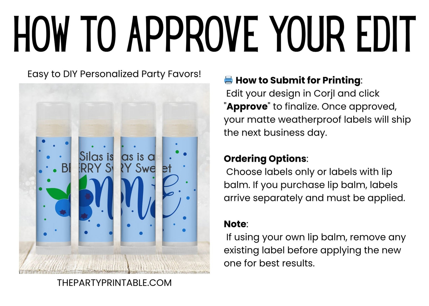 Berry First Birthday Lip Balm Favors PRINTED | Blueberry Party Favor Labels | 1st Birthday Chapstick Label for Boy or Girl Summer Party 4142