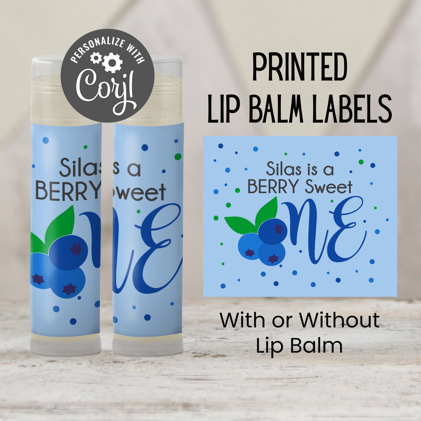 Berry First Birthday Lip Balm Favors PRINTED | Blueberry Party Favor Labels | 1st Birthday Chapstick Label for Boy or Girl Summer Party 4142