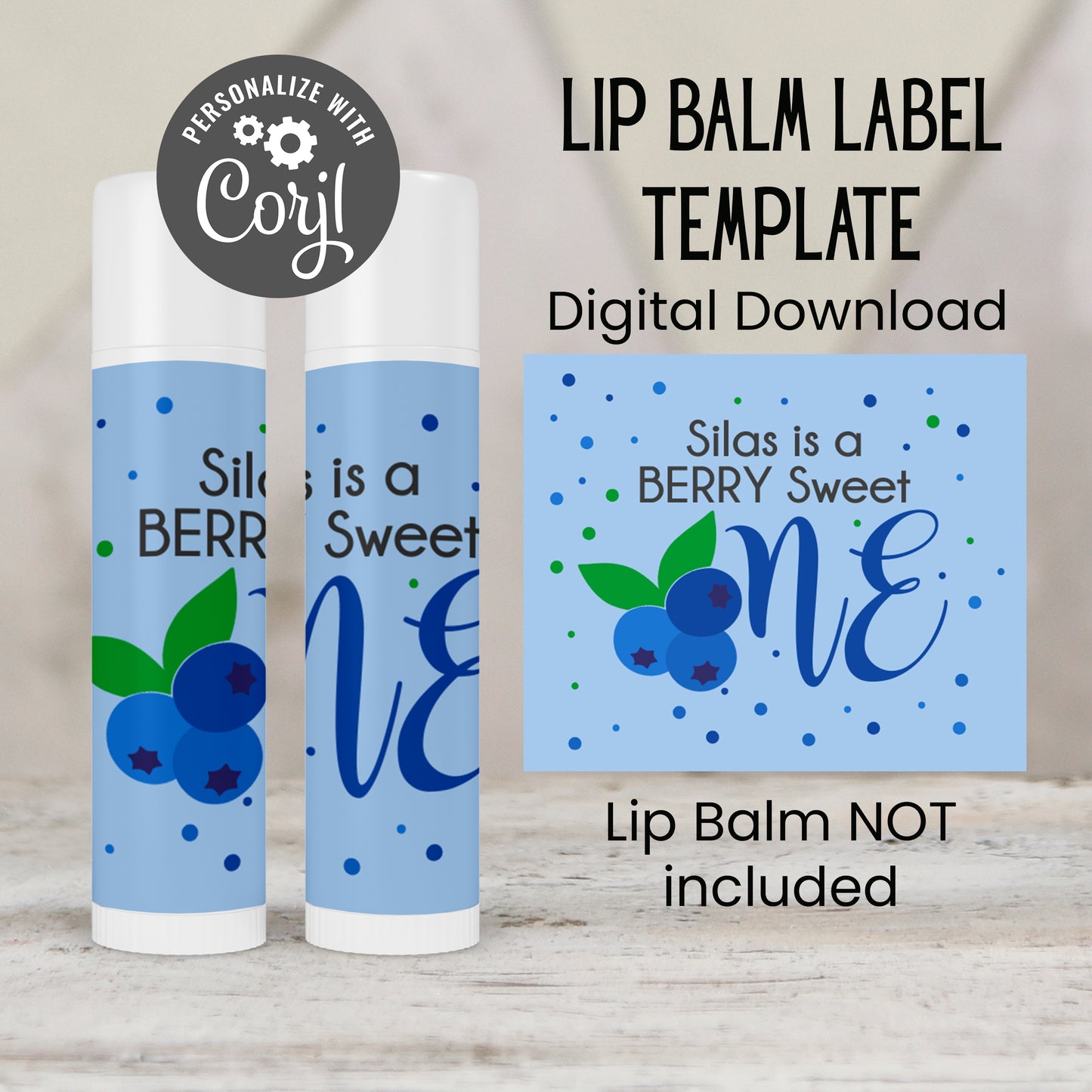 Berry First Birthday Lip Balm Favors TEMPLATE | Editable Blueberry Chapstick Label | Printable 1st Birthday Party Favor for Boy or Girl 4142