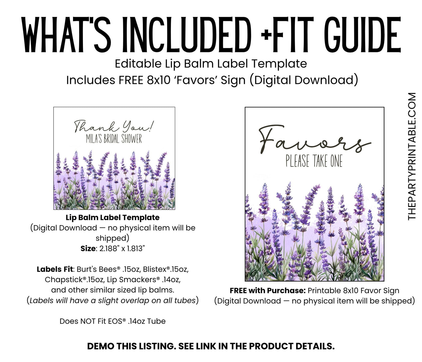 Lavender Bridal Shower Lip Balm Favors TEMPLATE | Editable Purple Floral Chapstick Label | Printable Wedding Favor for Bride or Guest 4188
