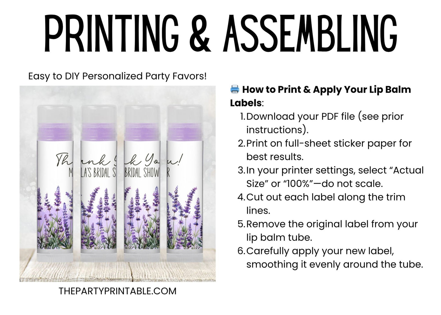 Lavender Bridal Shower Lip Balm Favors TEMPLATE | Editable Purple Floral Chapstick Label | Printable Wedding Favor for Bride or Guest 4188